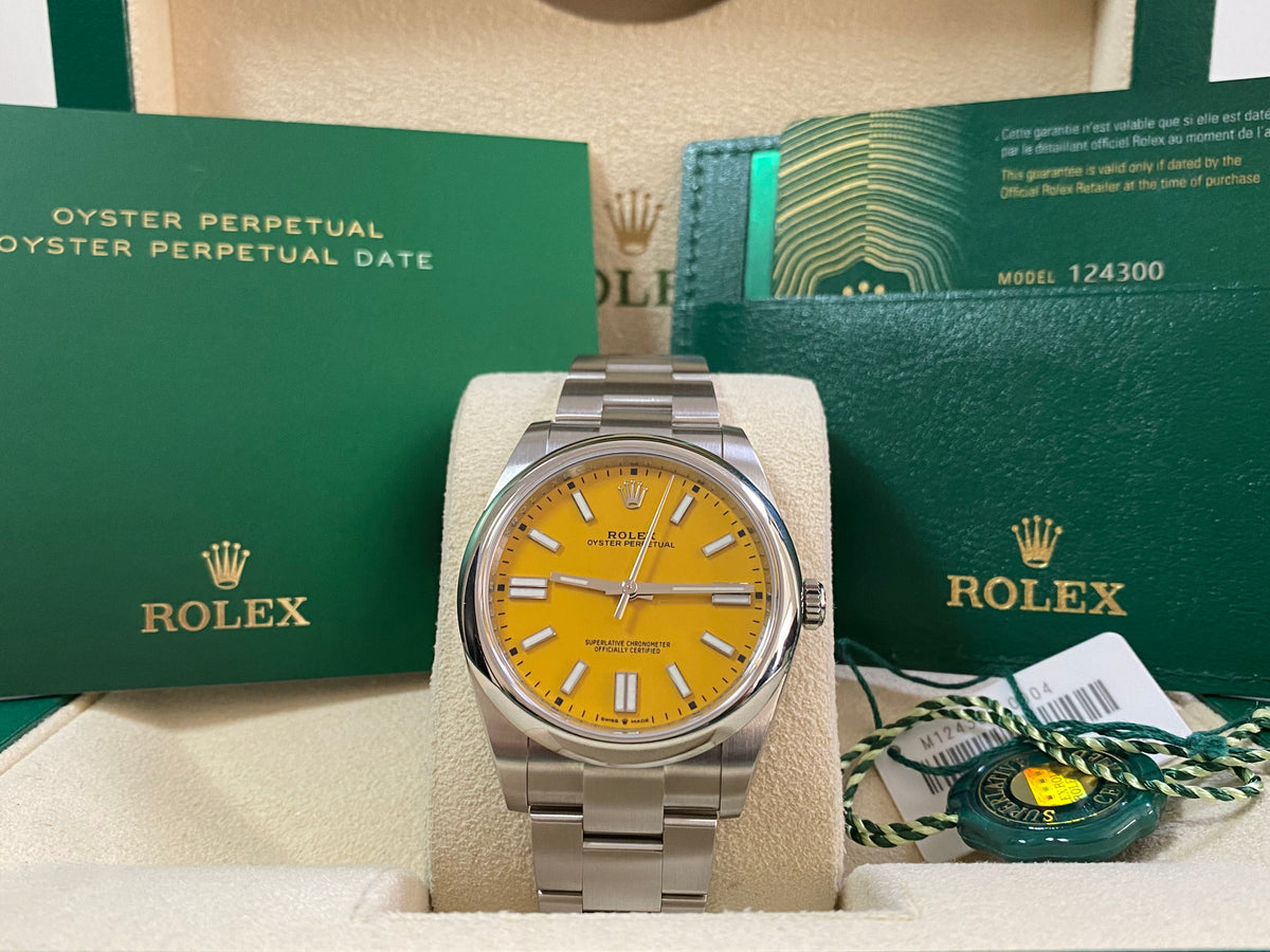 Rolex Oyster Perpetual 41 - 2022 - Domed Bezel - Yellow Dial - Oyster Bracelet - 124300 *DISCONTINUED MODEL*
