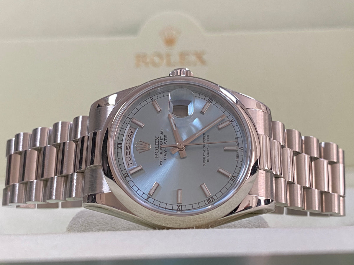 Rolex Platinum Day-Date 36 - 2012 - Domed Bezel - Ice Blue Index Dial - President Bracelet - 118206 *UNPOLISHED*