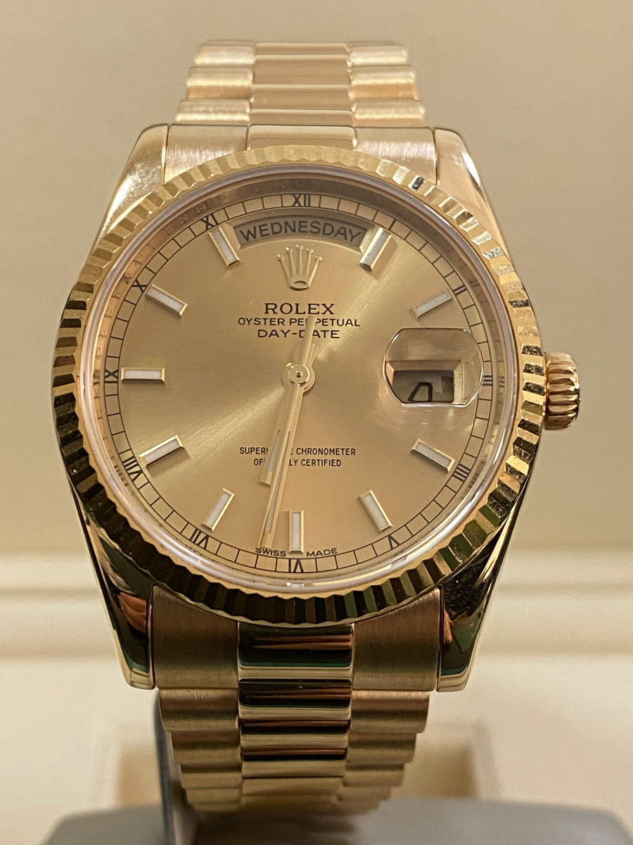 Rolex Yellow Gold Day-Date 36 - 2015 - Fluted Bezel - Champagne Index Dial - President Bracelet - 118238