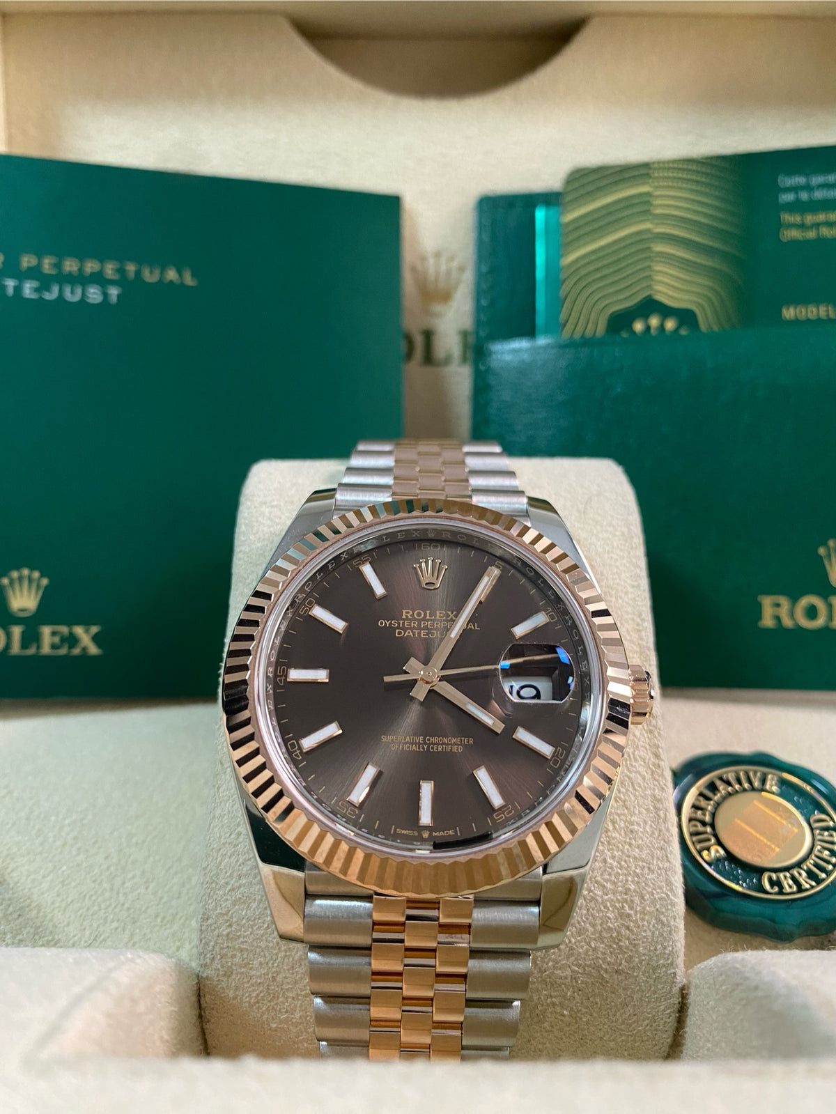 Rolex Steel and Everose Gold Datejust 41 - 2024 - Fluted Bezel - Chocolate Index Dial - Jubilee Bracelet - 126331 *FULL SET*