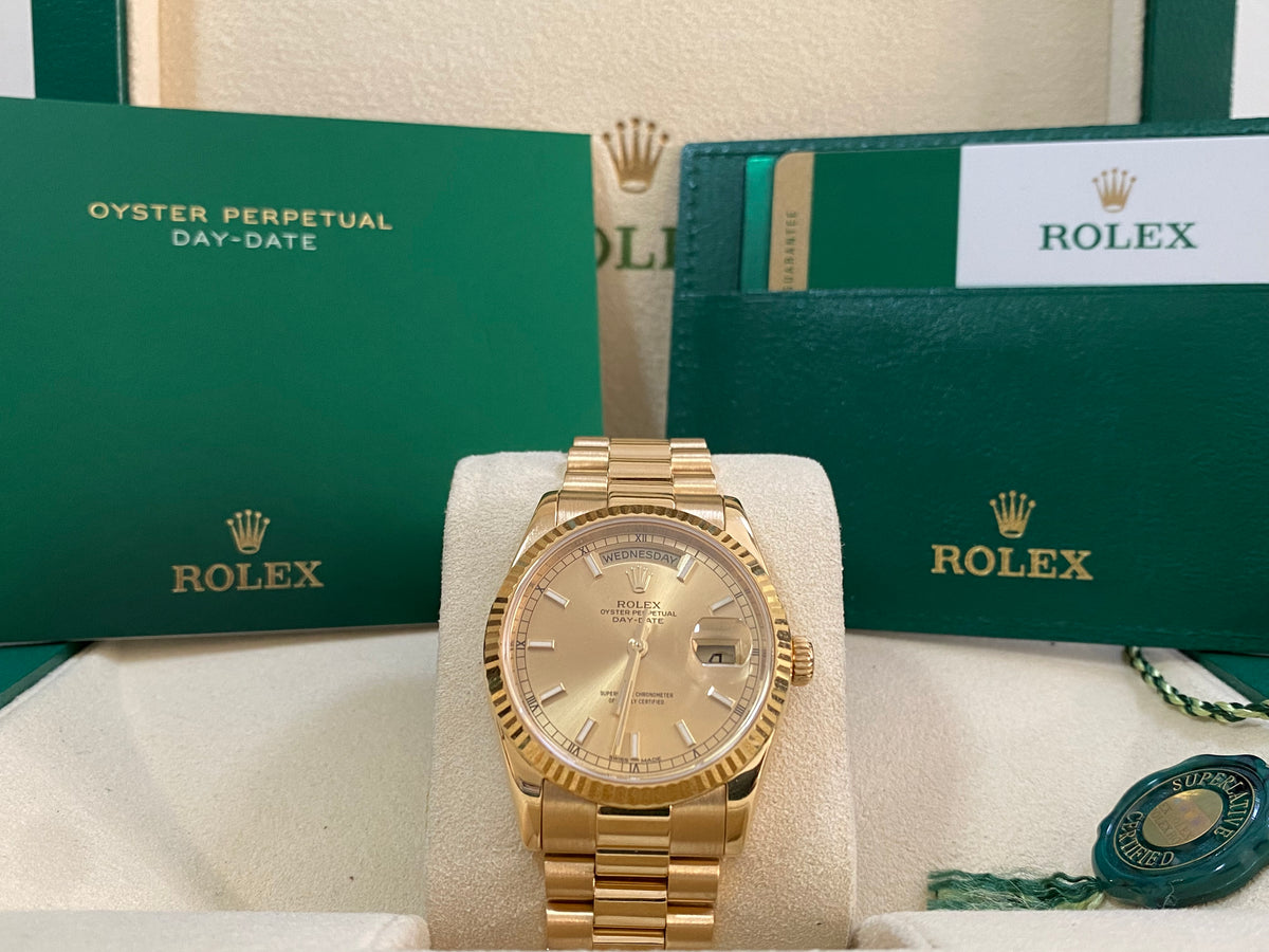 Rolex Yellow Gold Day-Date 36 - 2015 - Fluted Bezel - Champagne Index Dial - President Bracelet - 118238