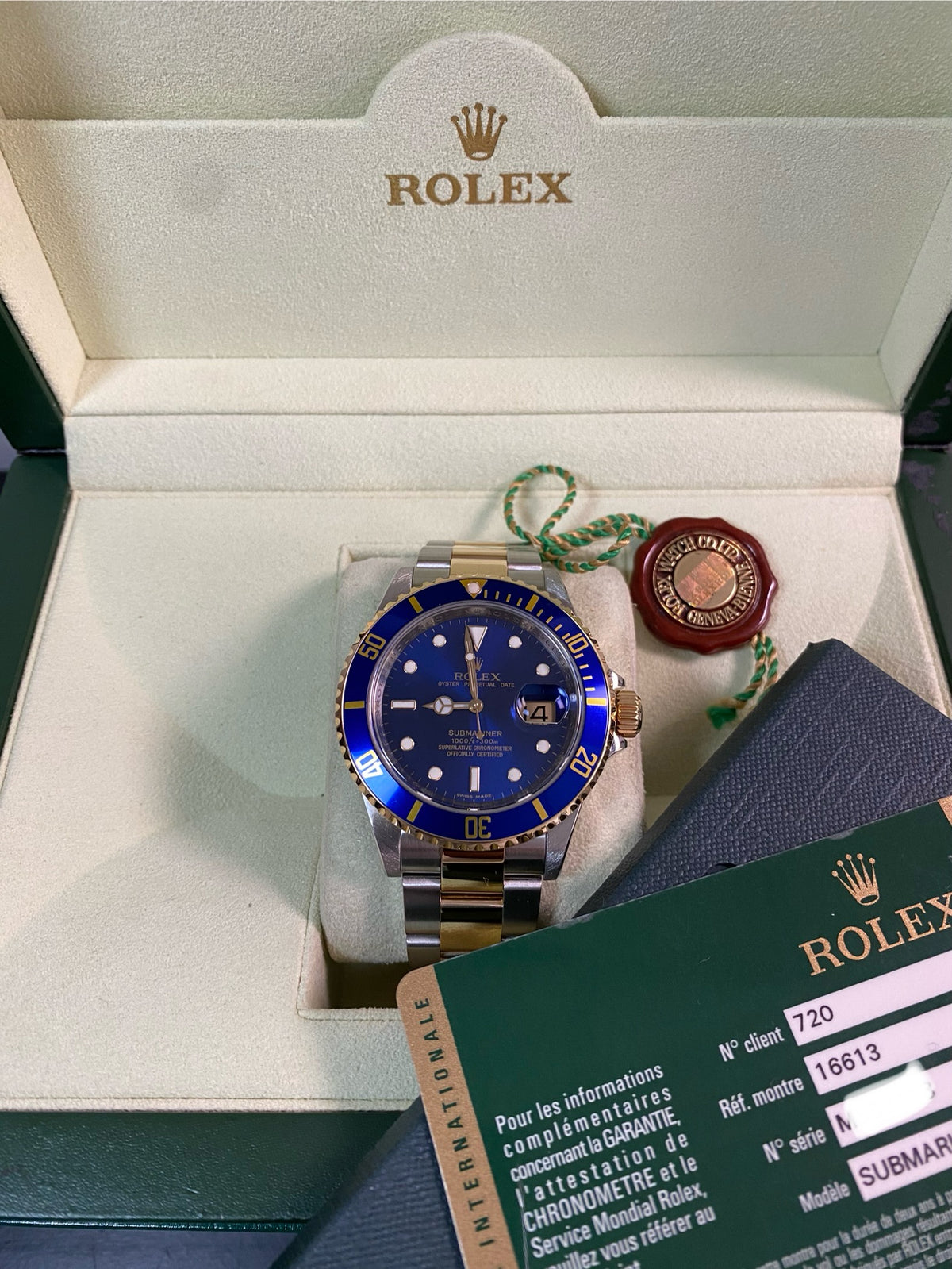 Rolex Yellow Gold and Steel Submariner Date - M serial - Pre Ceramic Blue Bezel - Blue Dial - 16613 *FULL SET*