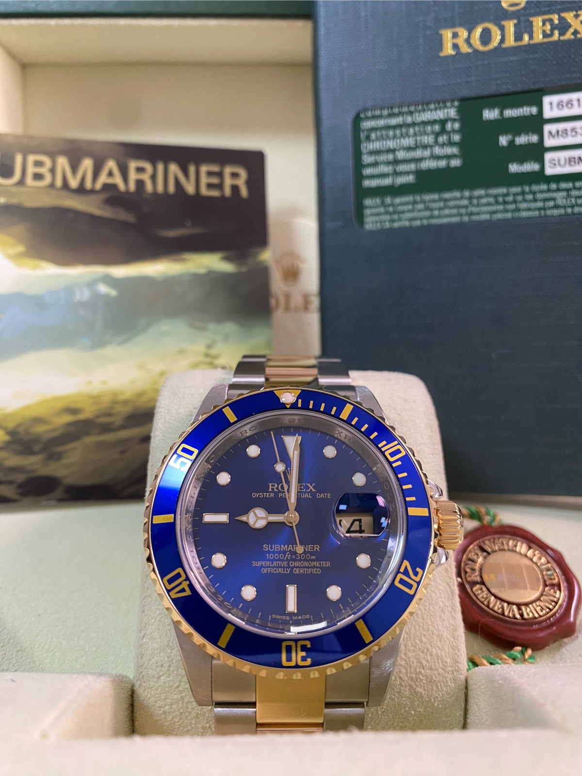 Rolex Yellow Gold and Steel Submariner Date - M serial - Pre Ceramic Blue Bezel - Blue Dial - 16613 *FULL SET*