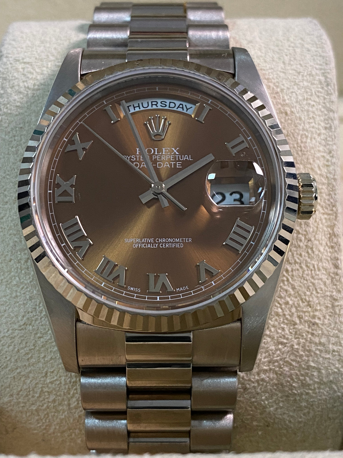 Rolex White Gold Day-Date 36 - Fluted Bezel - Bronze Roman Dial - President Bracelet - 18239