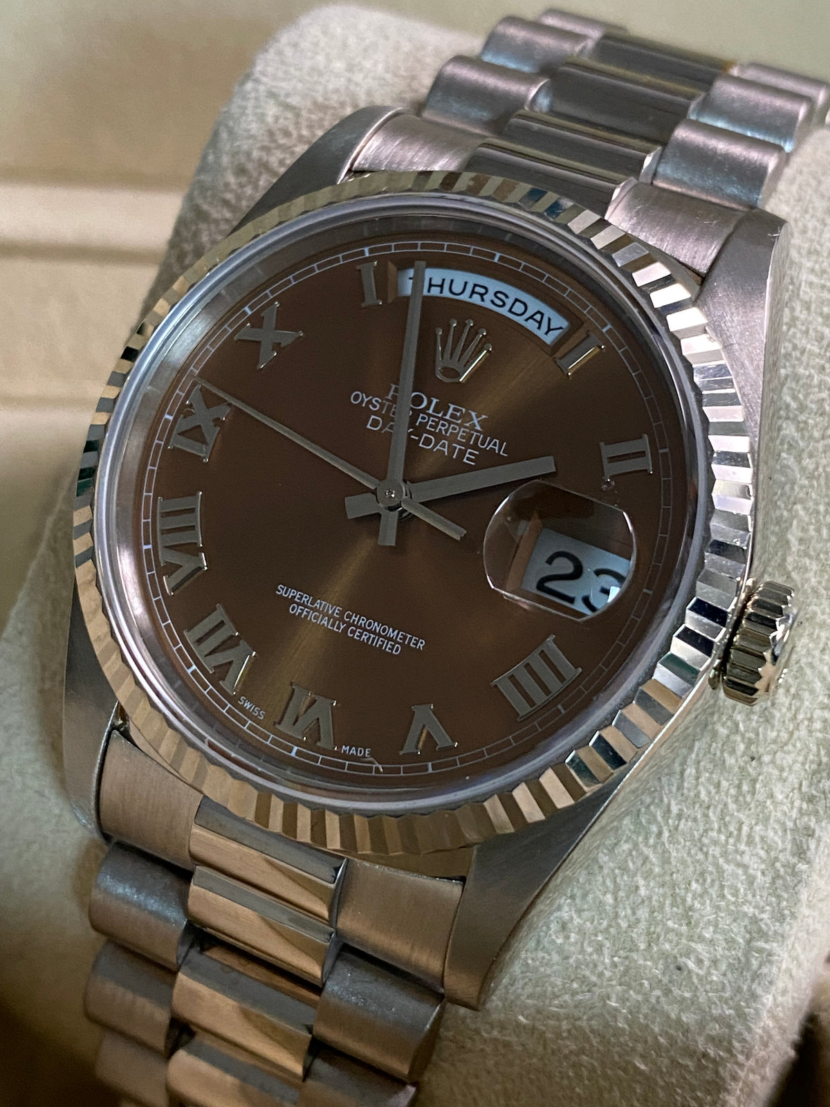 Rolex White Gold Day-Date 36 - Fluted Bezel - Bronze Roman Dial - President Bracelet - 18239