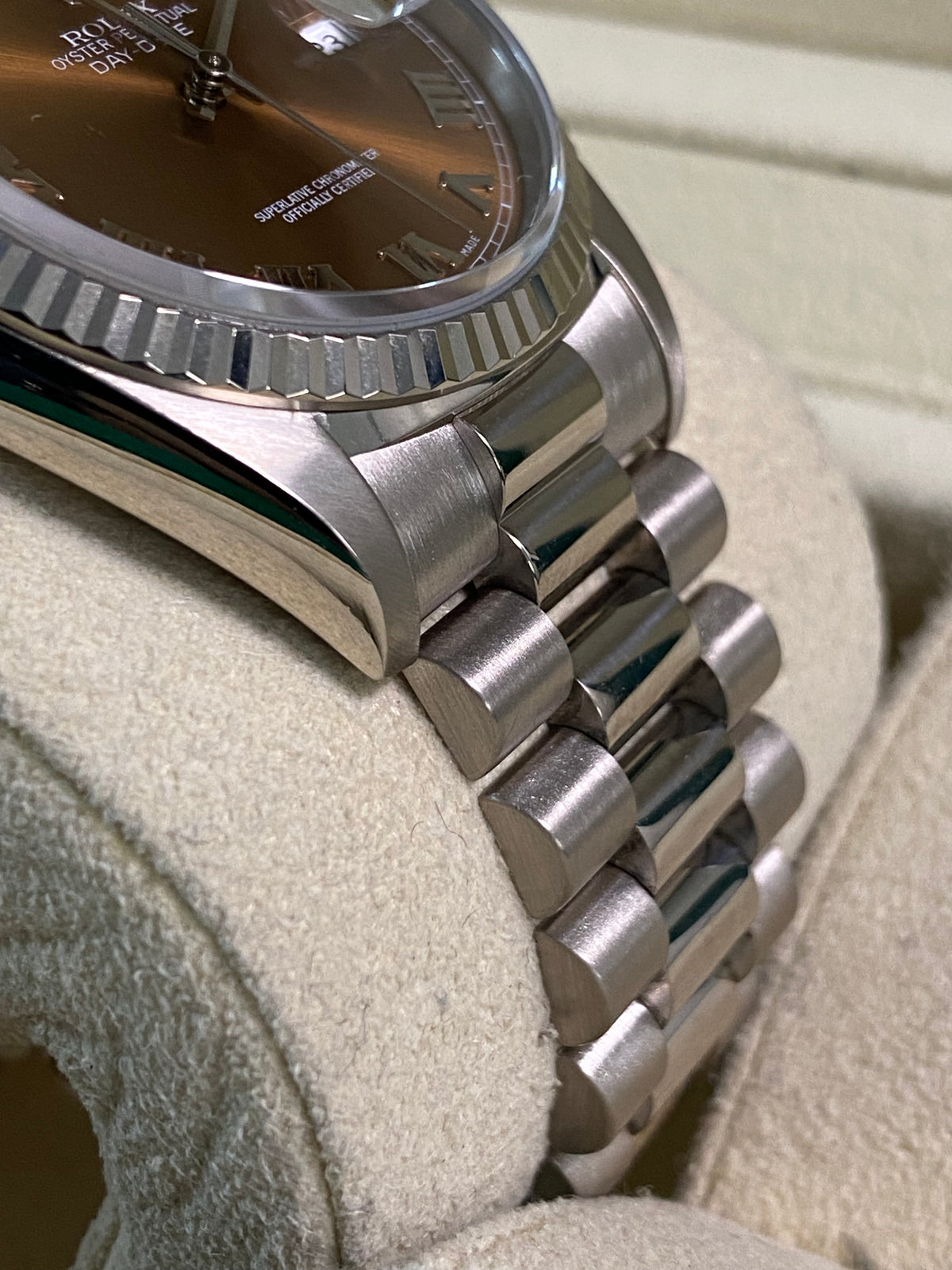 Rolex White Gold Day-Date 36 - Fluted Bezel - Bronze Roman Dial - President Bracelet - 18239