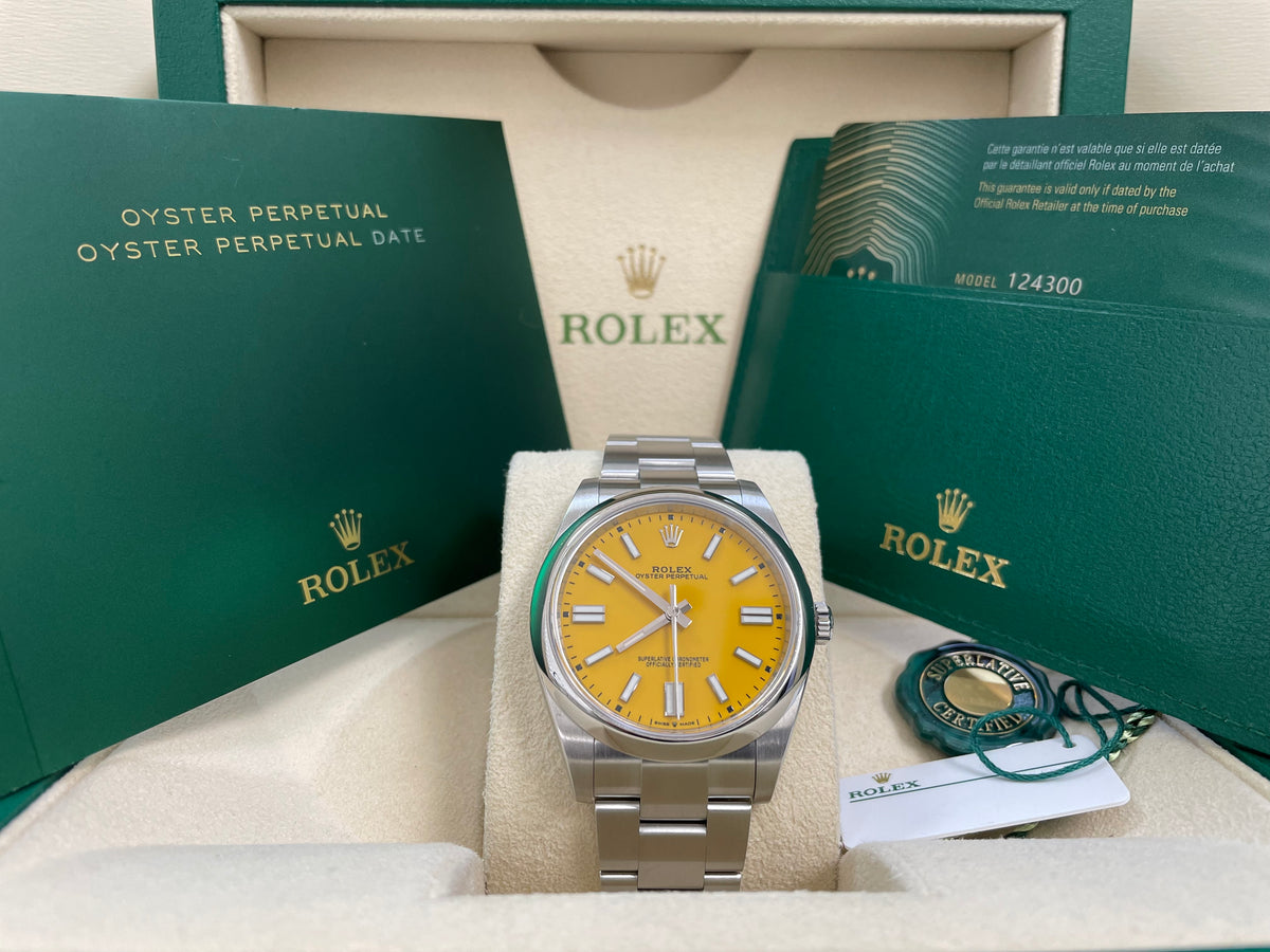 Rolex Oyster Perpetual 41 - 2021 - Domed Bezel - Yellow Dial - Oyster Bracelet - 124300 *DISCONTINUED MODEL*