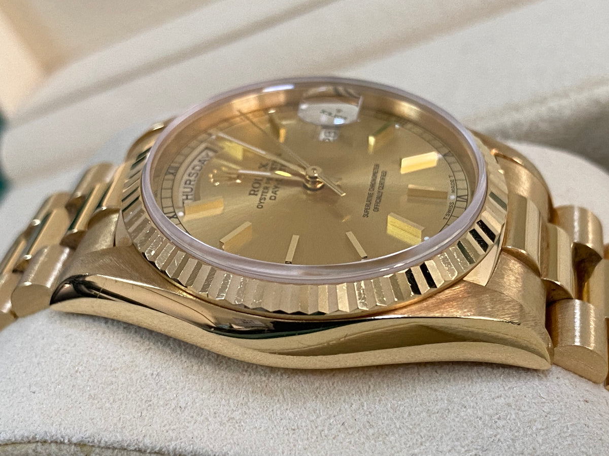 Rolex Yellow Gold Day-Date 36 - E serial - Fluted Bezel - Champagne Index Dial - President Bracelet - 18238 Unpolished