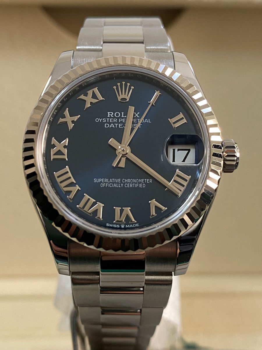 Rolex Steel and White Gold Datejust 31 - 2022 - Fluted Bezel - Blue Roman Dial - Oyster Bracelet - 278274 *COMPLETE SET*