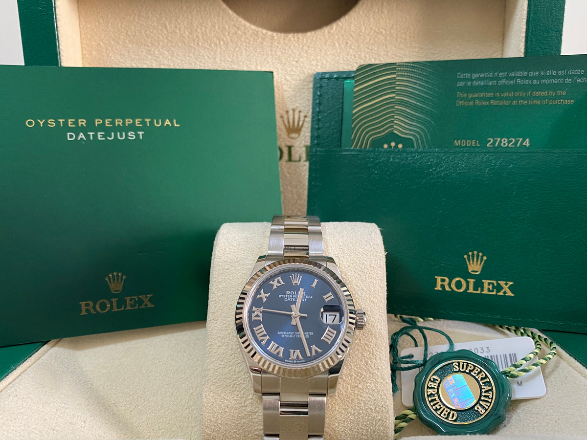 Rolex Steel and White Gold Datejust 31 - 2022 - Fluted Bezel - Blue Roman Dial - Oyster Bracelet - 278274 *COMPLETE SET*