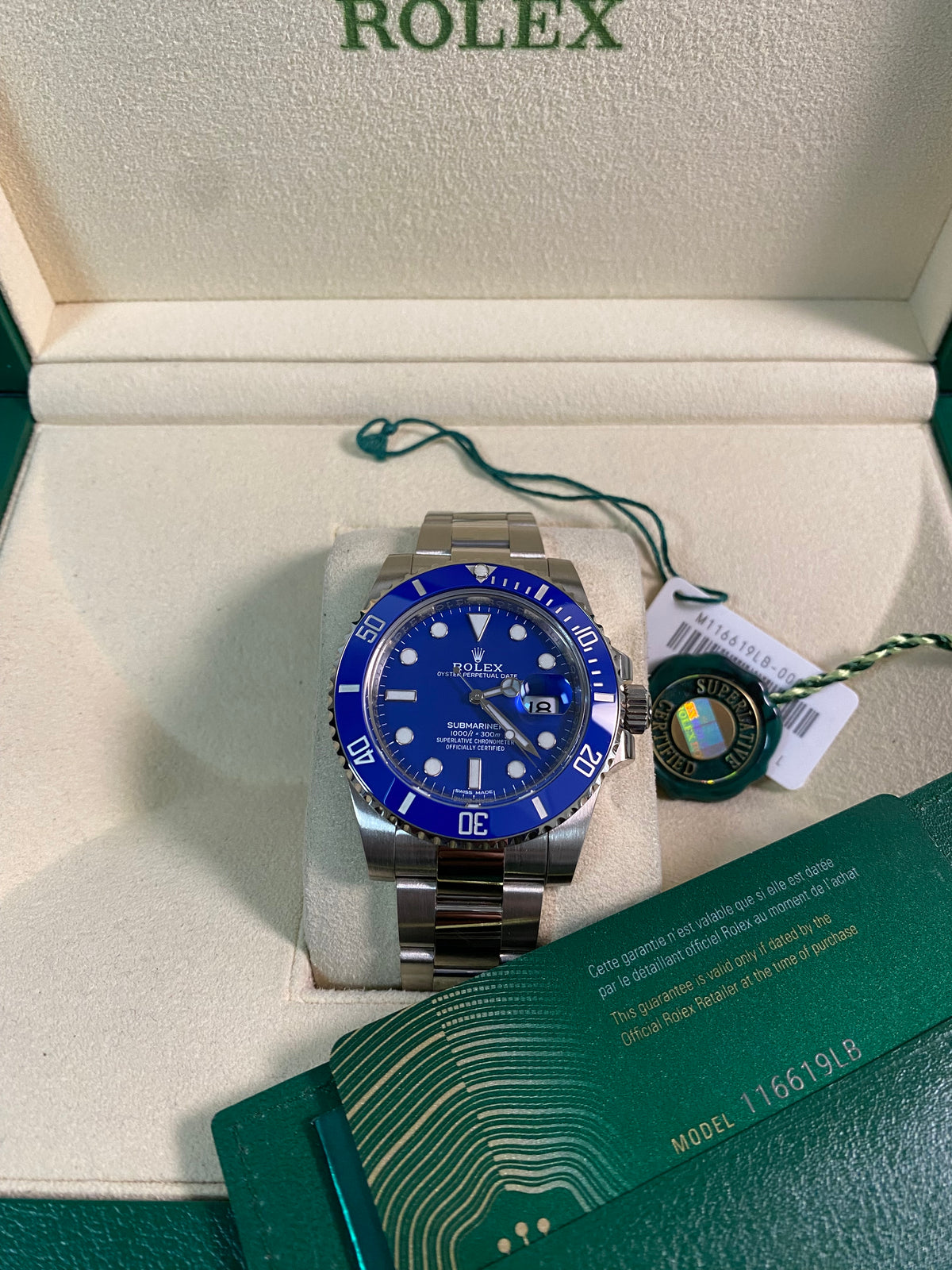 Rolex White Gold Submariner Date - 2020 - "Smurf" - 116619LB *Rare New Style Card*