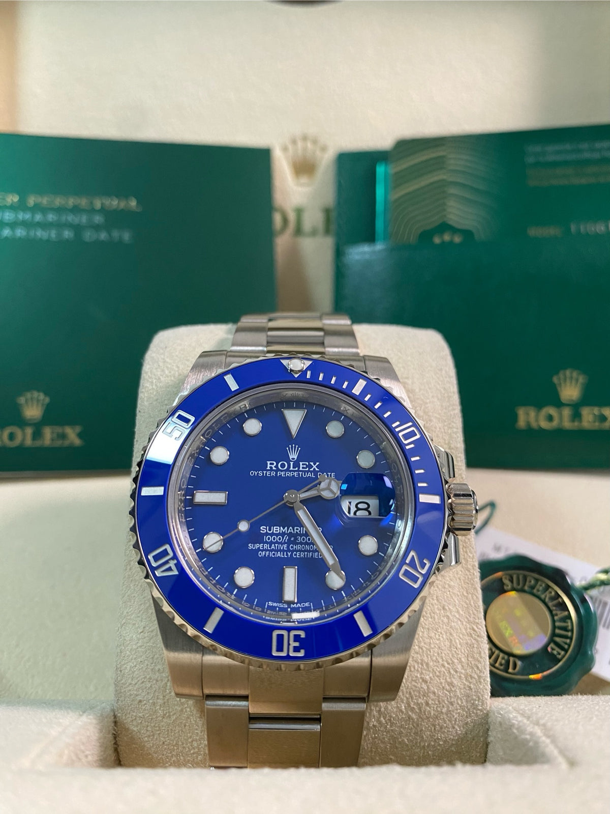 Rolex White Gold Submariner Date - 2020 - "Smurf" - 116619LB *Rare New Style Card*