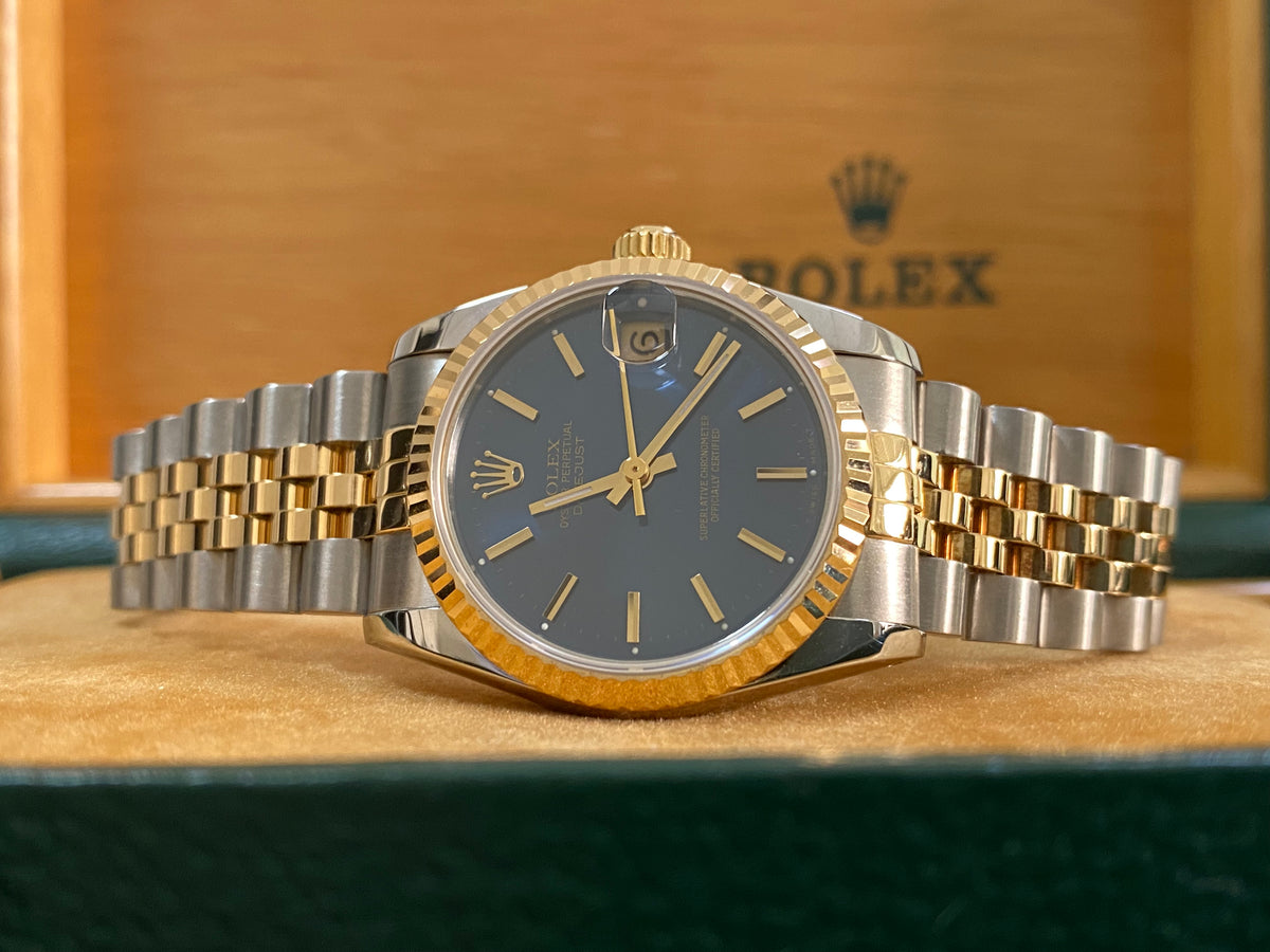 Rolex Steel and Yellow Gold Datejust 31 - R serial - Fluted Bezel - Blue Index Dial - Jubilee Bracelet - 68273