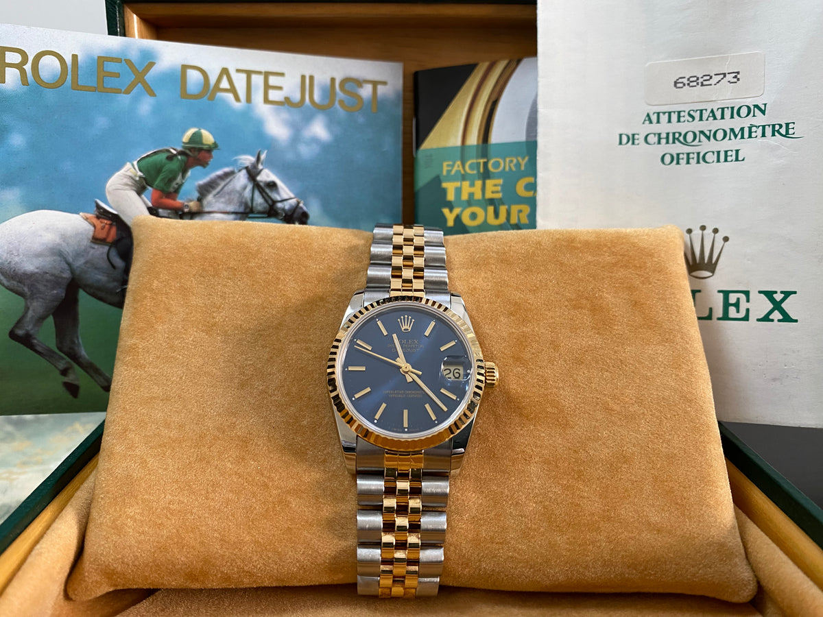 Rolex Steel and Yellow Gold Datejust 31 - R serial - Fluted Bezel - Blue Index Dial - Jubilee Bracelet - 68273