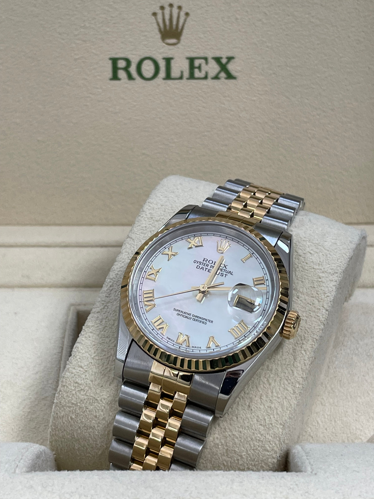 Rolex Steel and Yellow Gold Datejust 36 - U Serial - Fluted Bezel - Mother of Pearl Roman Dial - Jubilee Bracelet - 16233