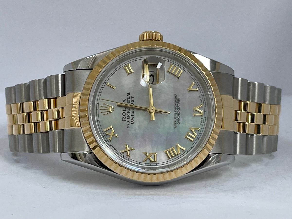 Rolex Steel and Yellow Gold Datejust 36 - U Serial - Fluted Bezel - Mother of Pearl Roman Dial - Jubilee Bracelet - 16233