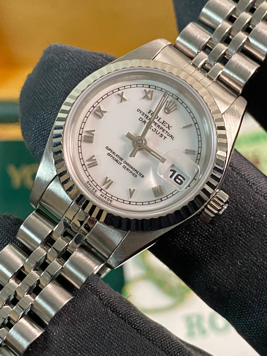 Rolex Steel Lady-Datejust - T serial- Fluted Bezel - White Roman Dial - Jubilee Bracelet - 69174 *FULL SET*