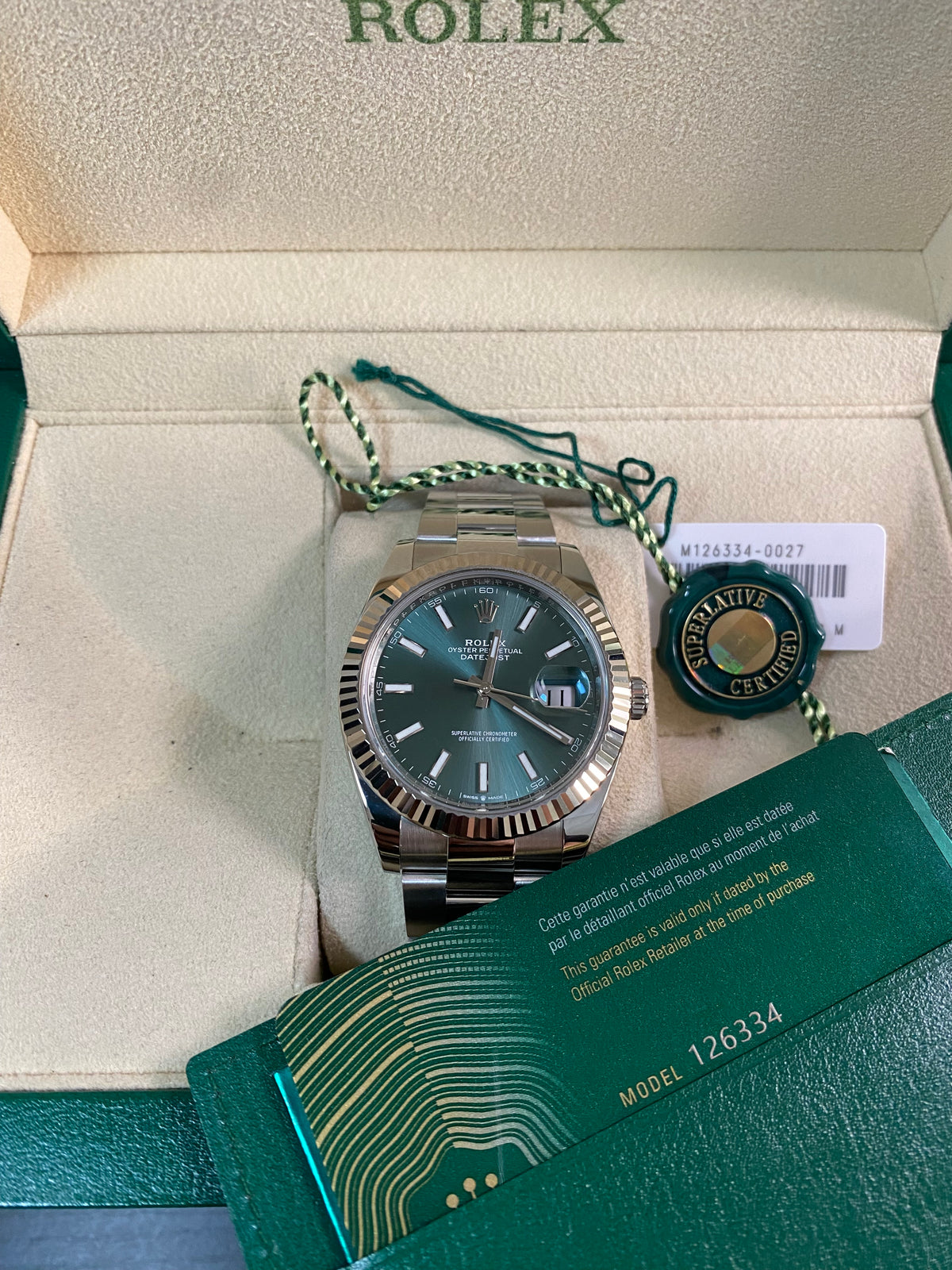 Rolex Steel Datejust 41 - 2023 - Fluted Bezel - Mint Green Dial - Oyster Bracelet - 126334 *FULL SET*