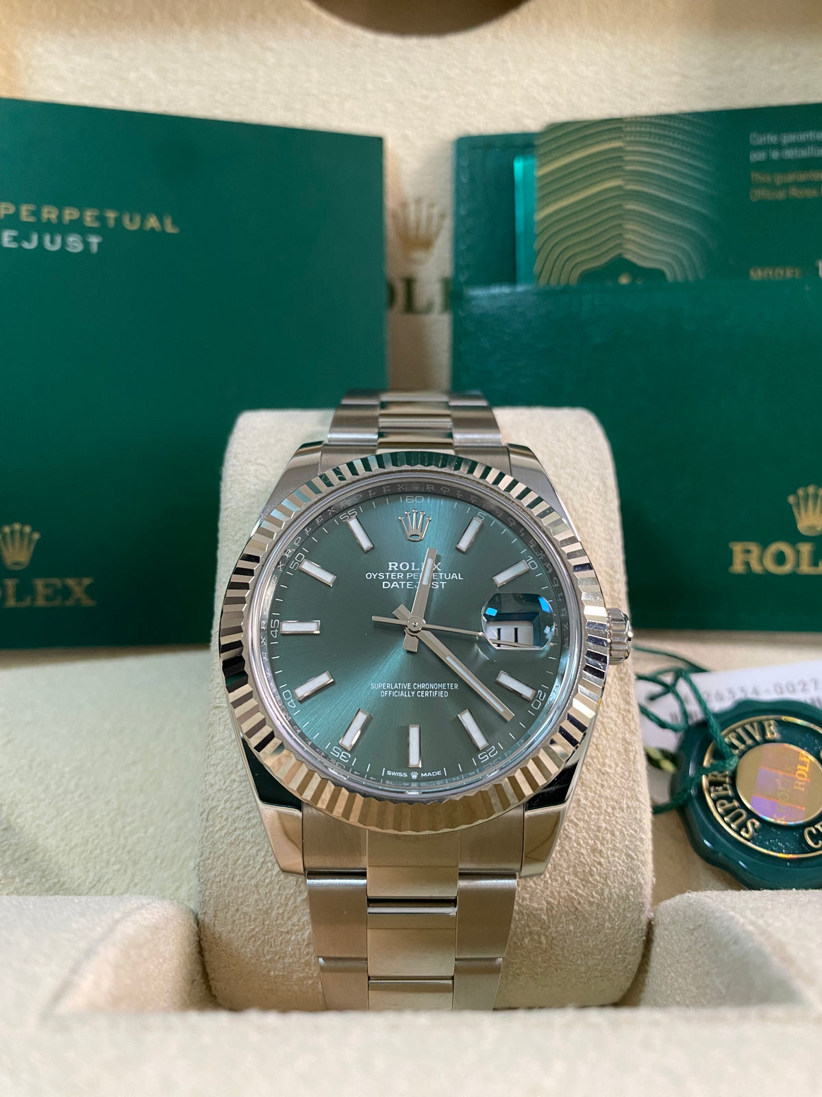 Rolex Steel Datejust 41 - 2023 - Fluted Bezel - Mint Green Dial - Oyster Bracelet - 126334 *FULL SET*