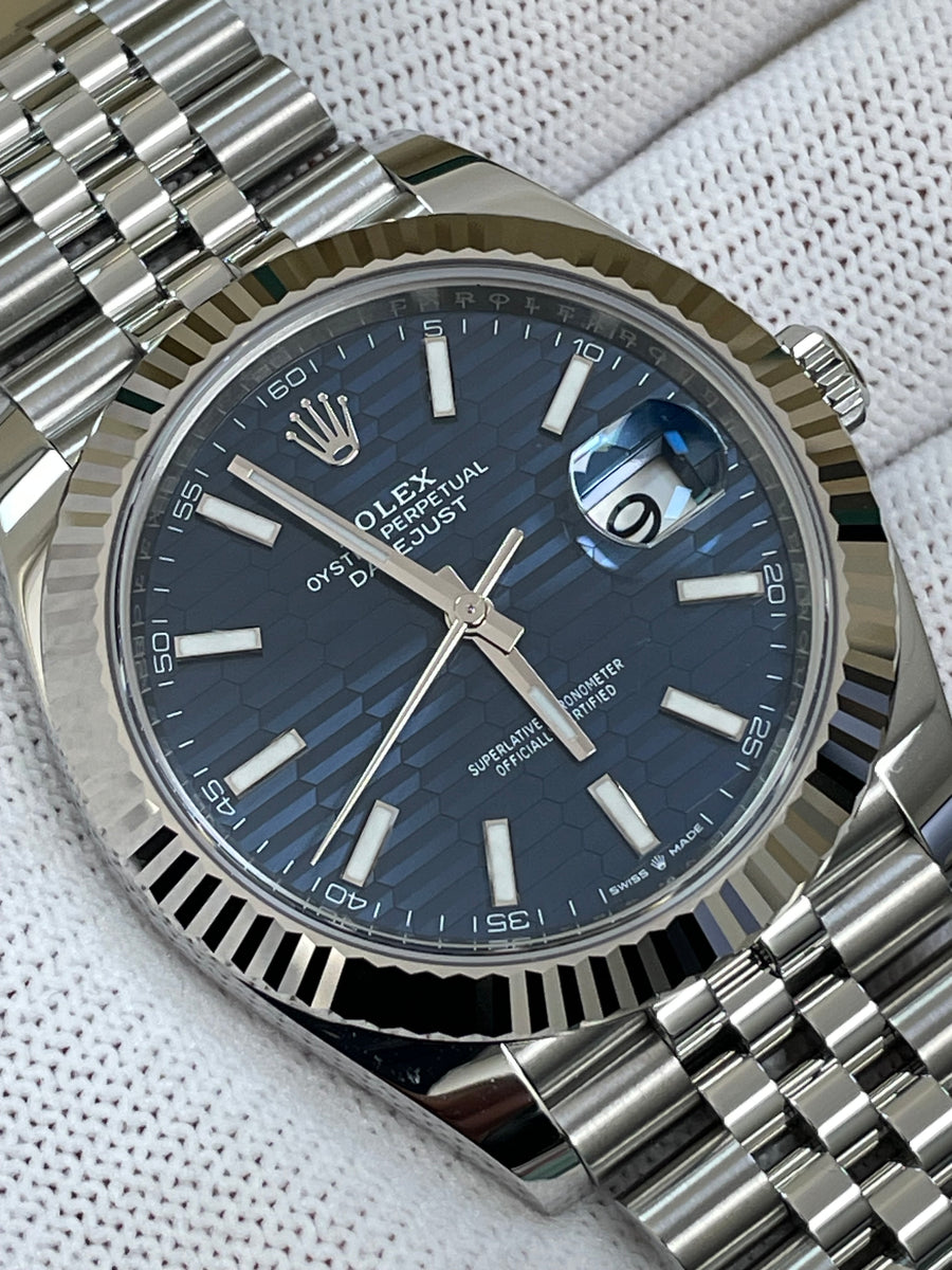 Rolex Steel and White Gold Datejust 41 - 2023 - Fluted Bezel - Bright Blue Motif Dial - Jubilee Bracelet - 126334