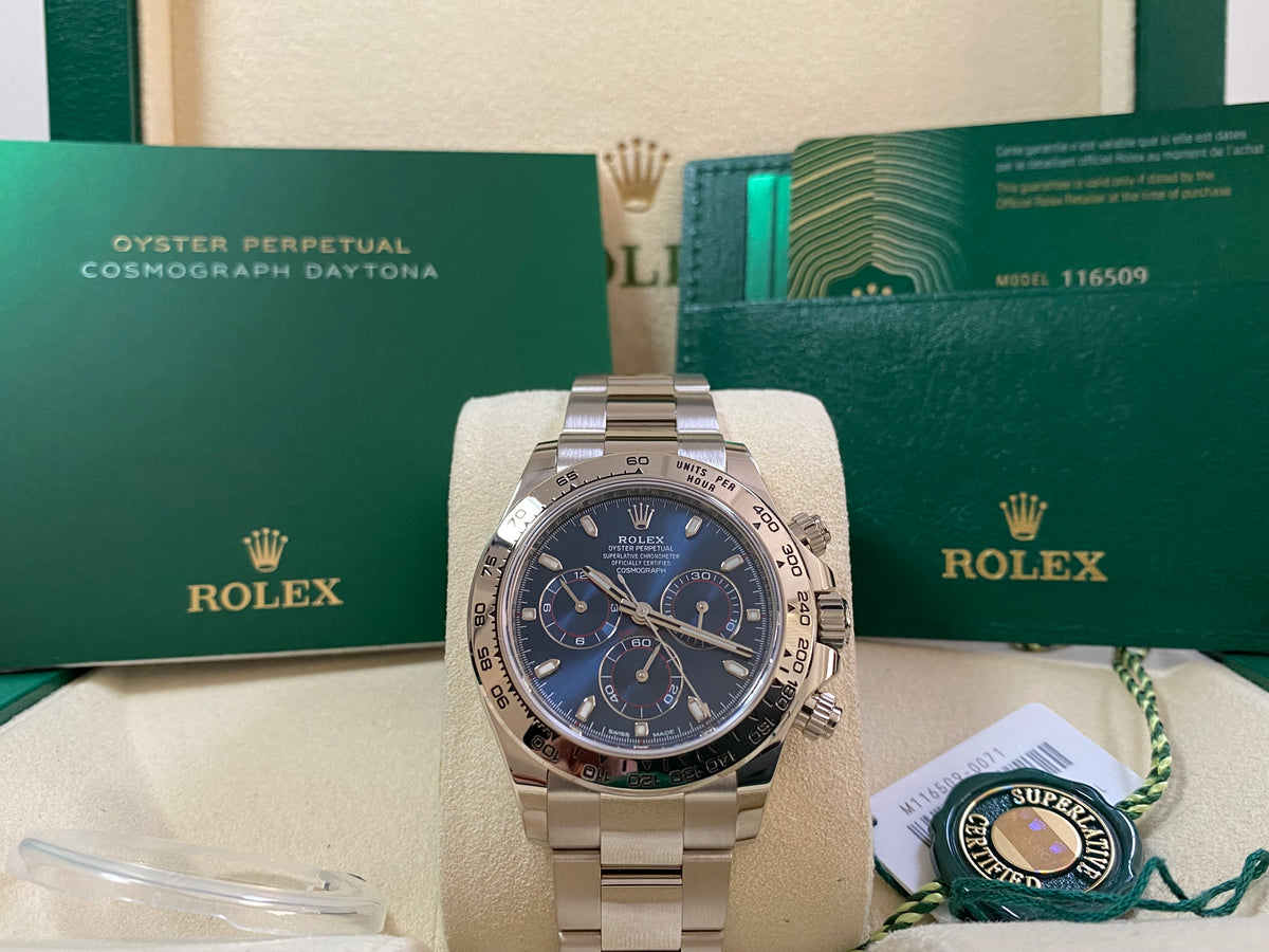 Rolex White Gold Cosmograph Daytona - 2022 - Blue Index Dial - Oyster Bracelet - 116509 *COMPLETE SET*