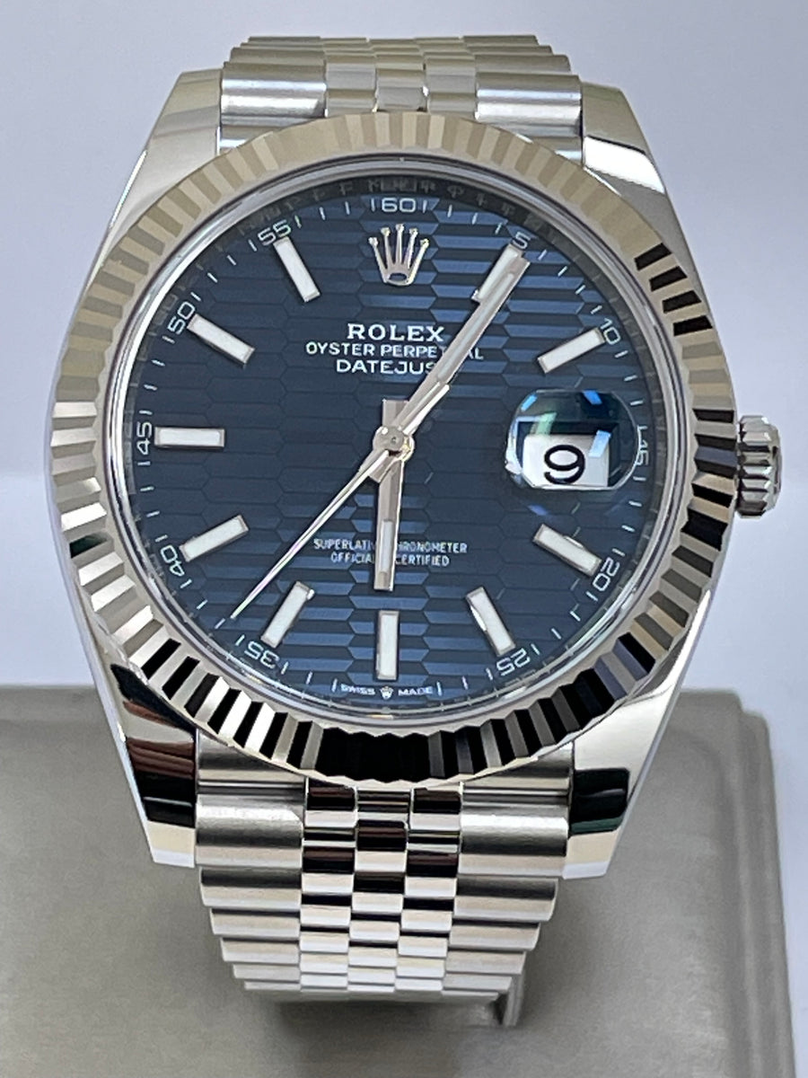 Rolex Steel and White Gold Datejust 41 - 2023 - Fluted Bezel - Bright Blue Motif Dial - Jubilee Bracelet - 126334