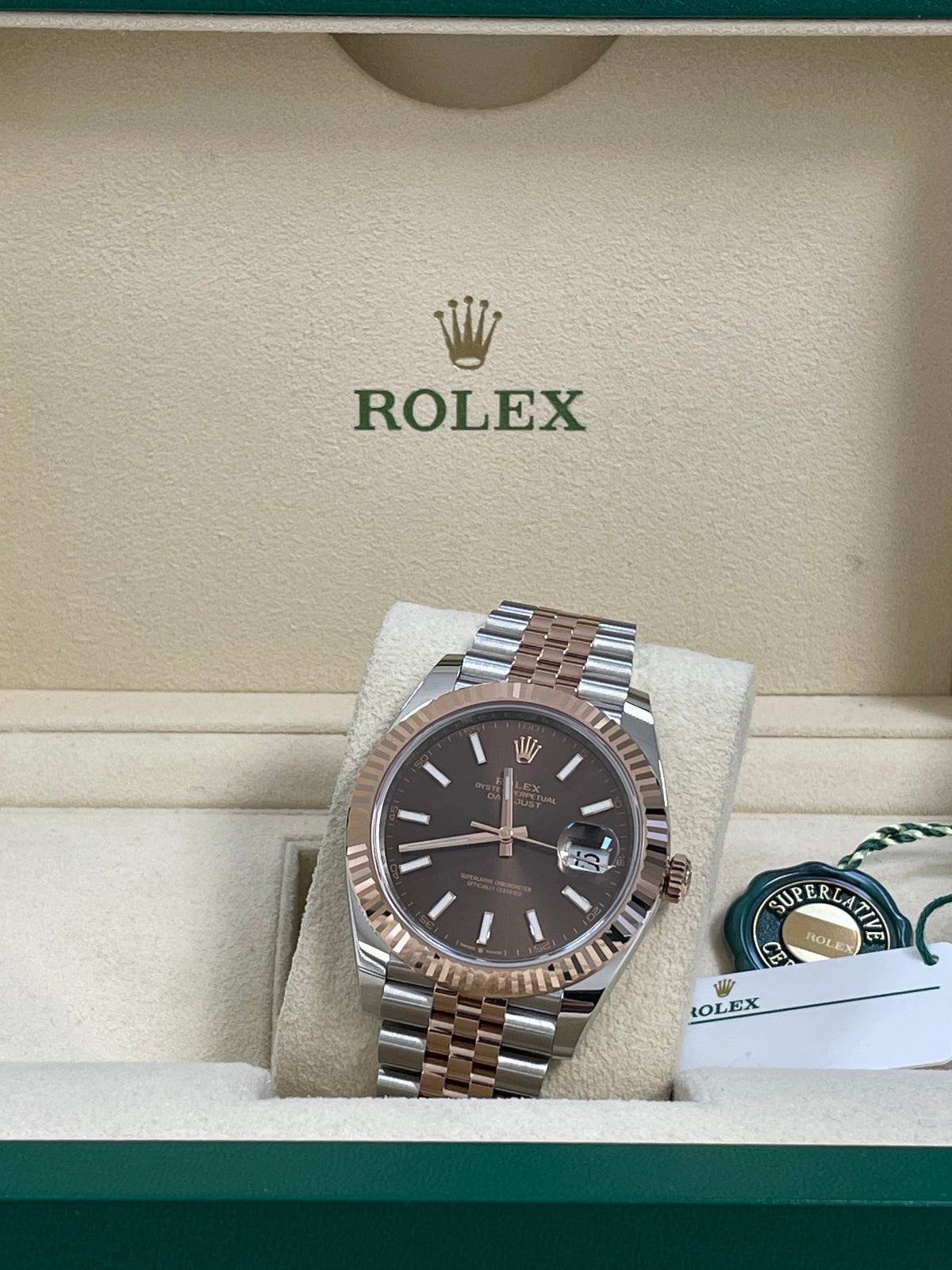 Rolex Steel and Everose Gold Datejust 41 - 2023 - Fluted Bezel - Chocolate Index Dial - Jubilee Bracelet - 126331