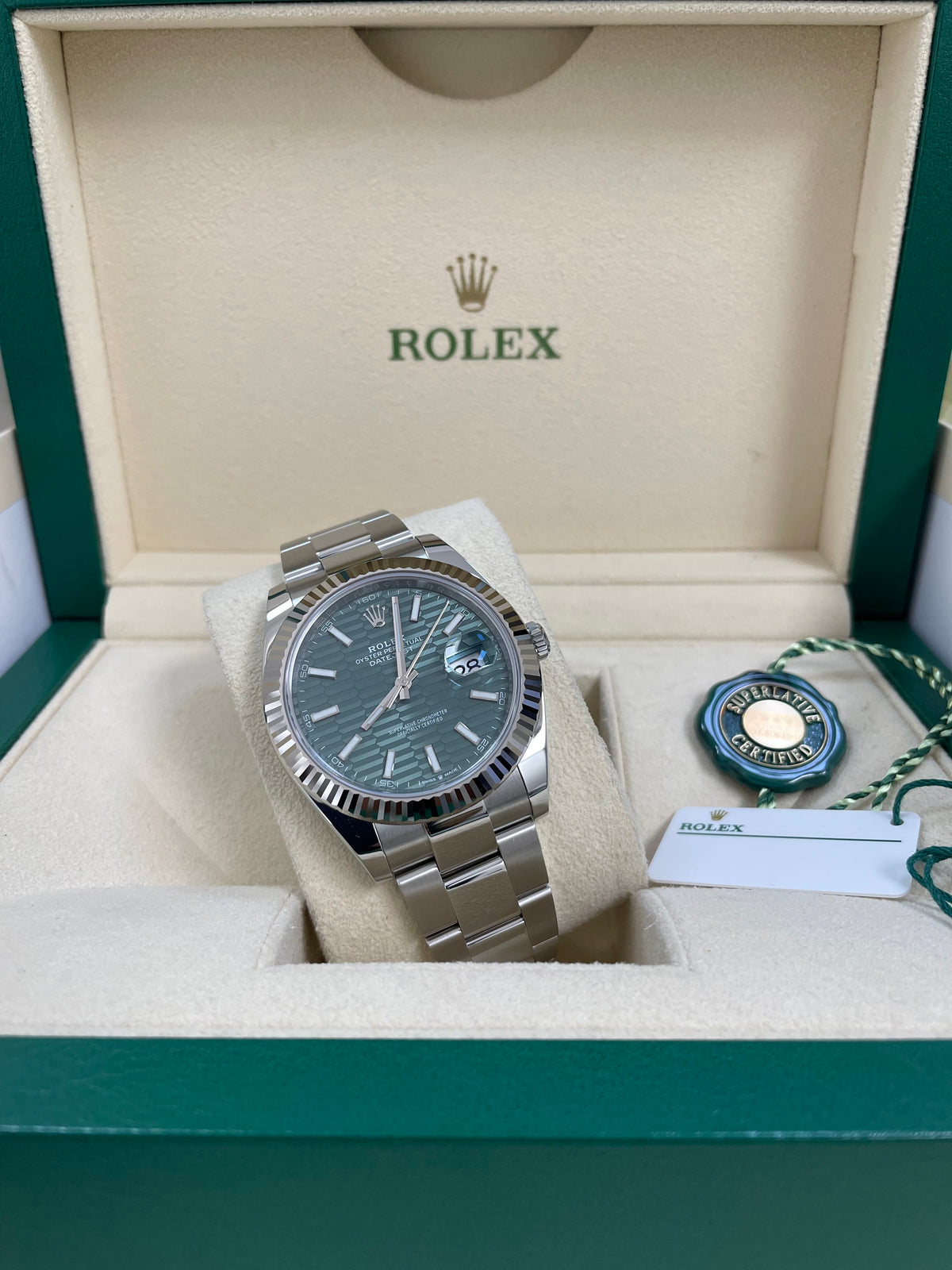 Rolex Steel and White Gold Datejust 41 - 2023 - Fluted Bezel - Mint Green Fluted-Motif Dial - Oyster Bracelet - 126334