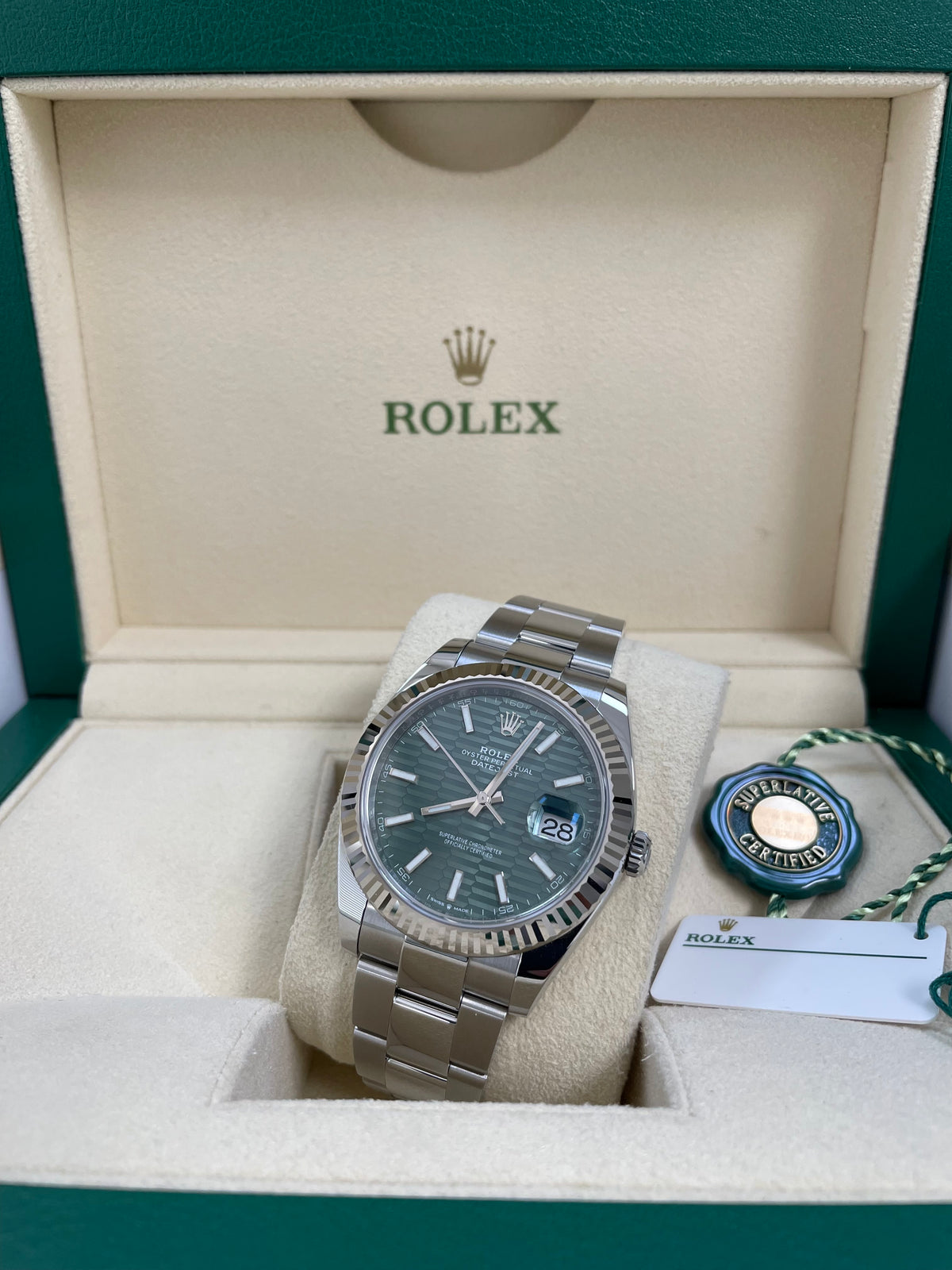 Rolex Steel and White Gold Datejust 41 - 2023 - Fluted Bezel - Mint Green Fluted-Motif Dial - Oyster Bracelet - 126334