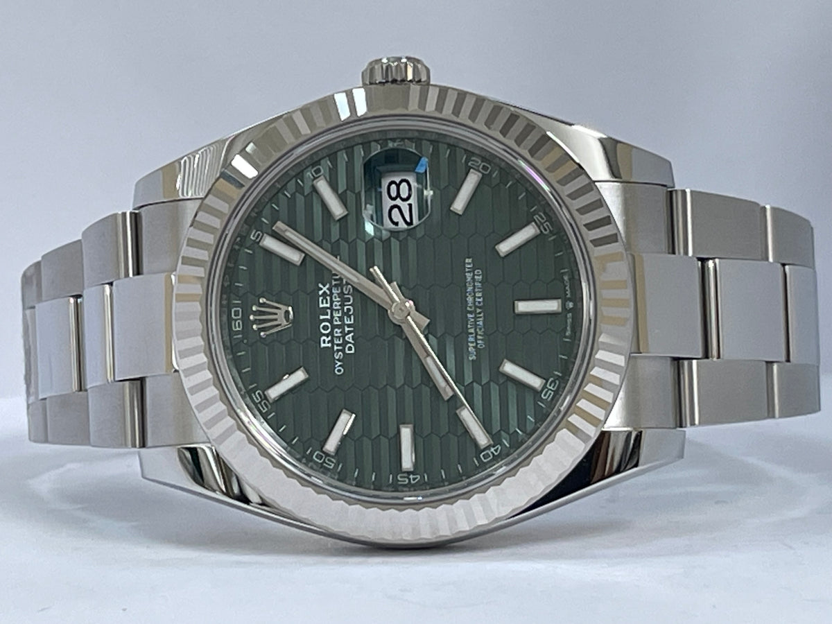 Rolex Steel and White Gold Datejust 41 - 2023 - Fluted Bezel - Mint Green Fluted-Motif Dial - Oyster Bracelet - 126334