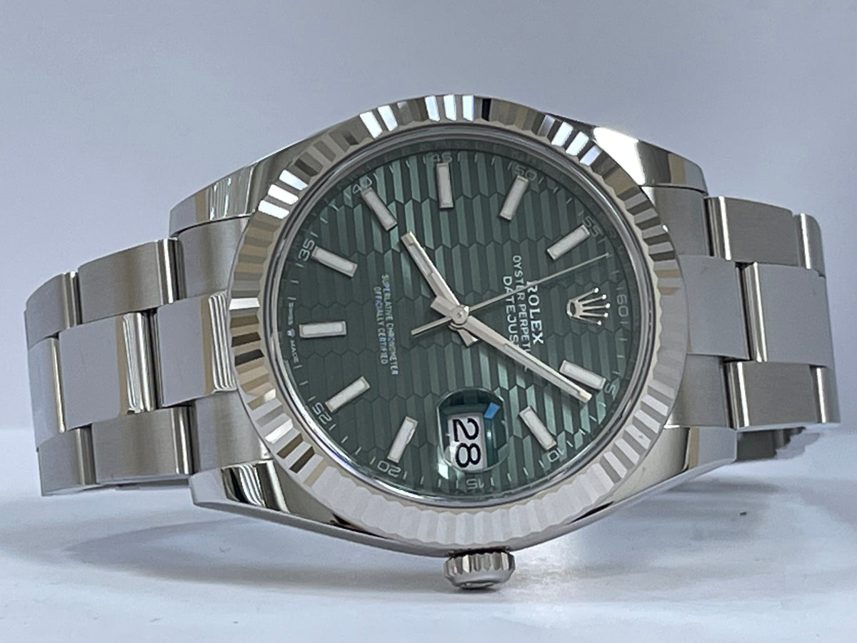 Rolex Steel and White Gold Datejust 41 - 2023 - Fluted Bezel - Mint Green Fluted-Motif Dial - Oyster Bracelet - 126334