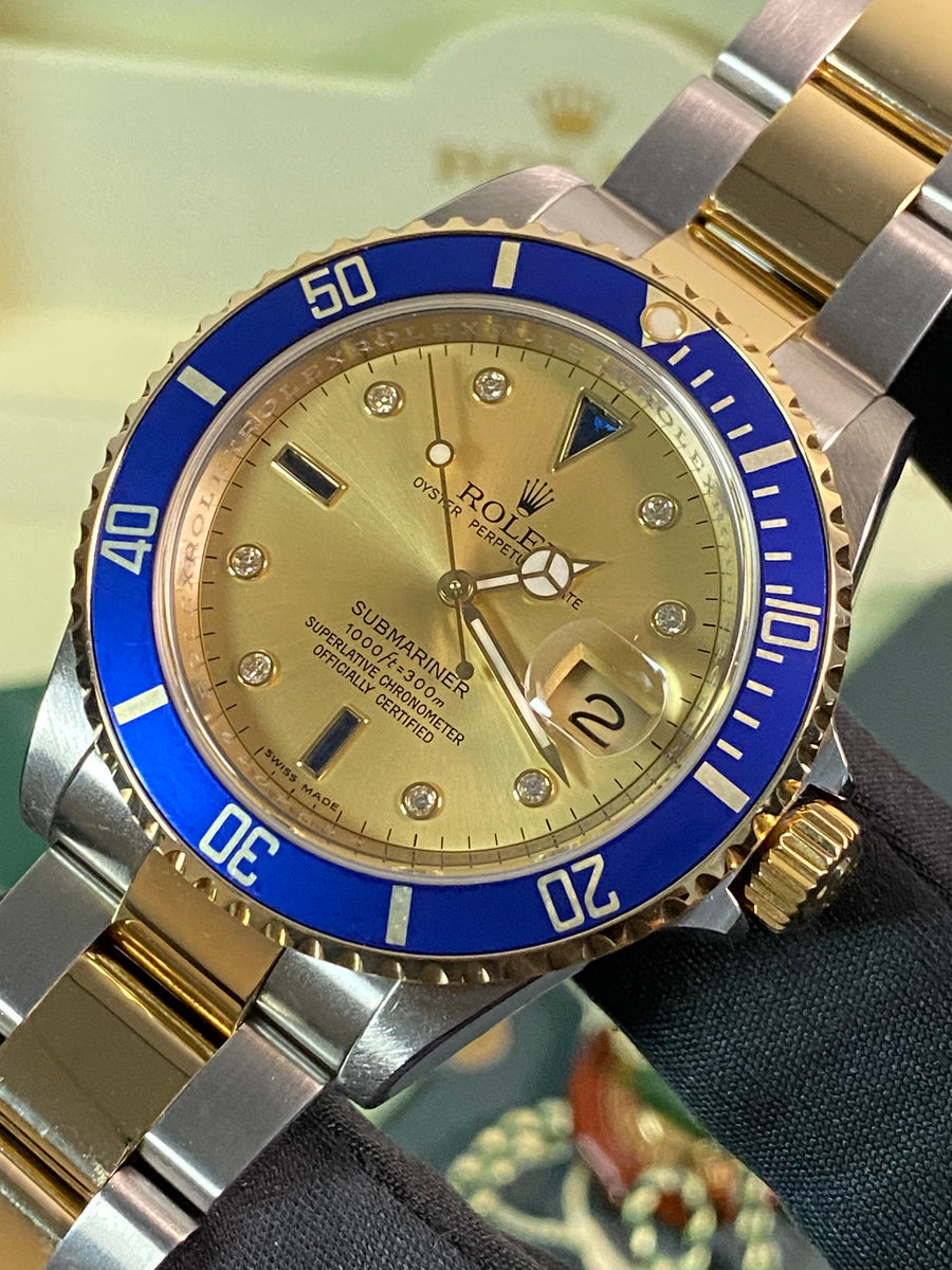 Rolex Steel and Yellow Gold Submariner Date - M serial - Pre Ceramic Bezel - Champagne Serti Dial - 16613 *FULL SET*