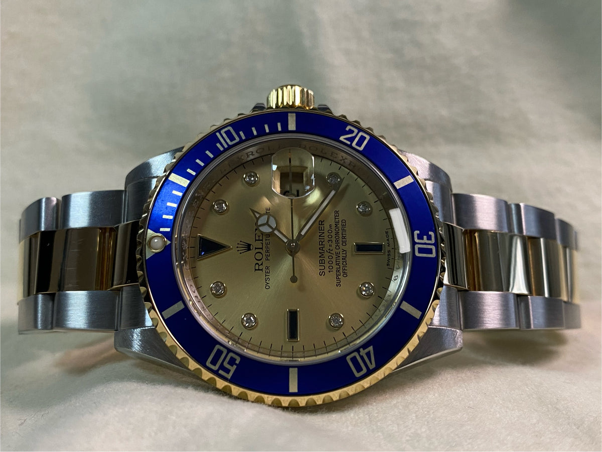 Rolex Steel and Yellow Gold Submariner Date - M serial - Pre Ceramic Bezel - Champagne Serti Dial - 16613 *FULL SET*