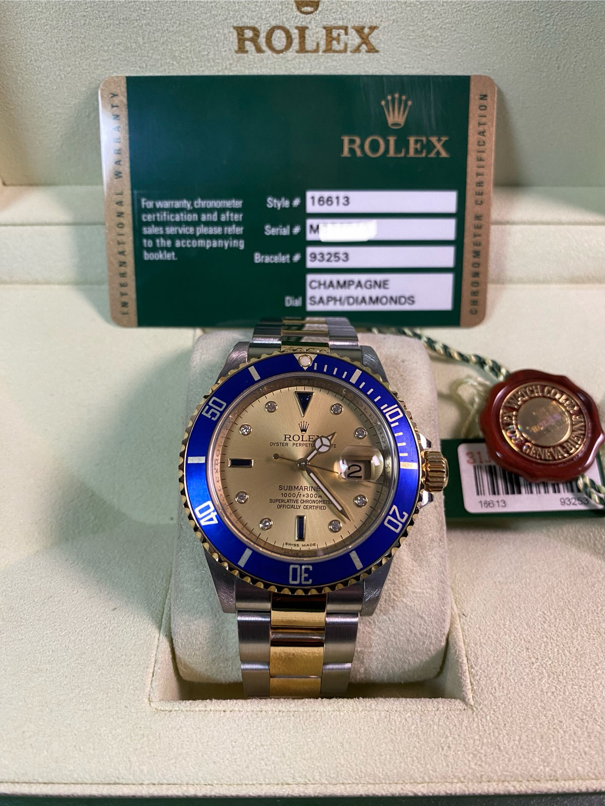 Rolex Steel and Yellow Gold Submariner Date - M serial - Pre Ceramic Bezel - Champagne Serti Dial - 16613 *FULL SET*