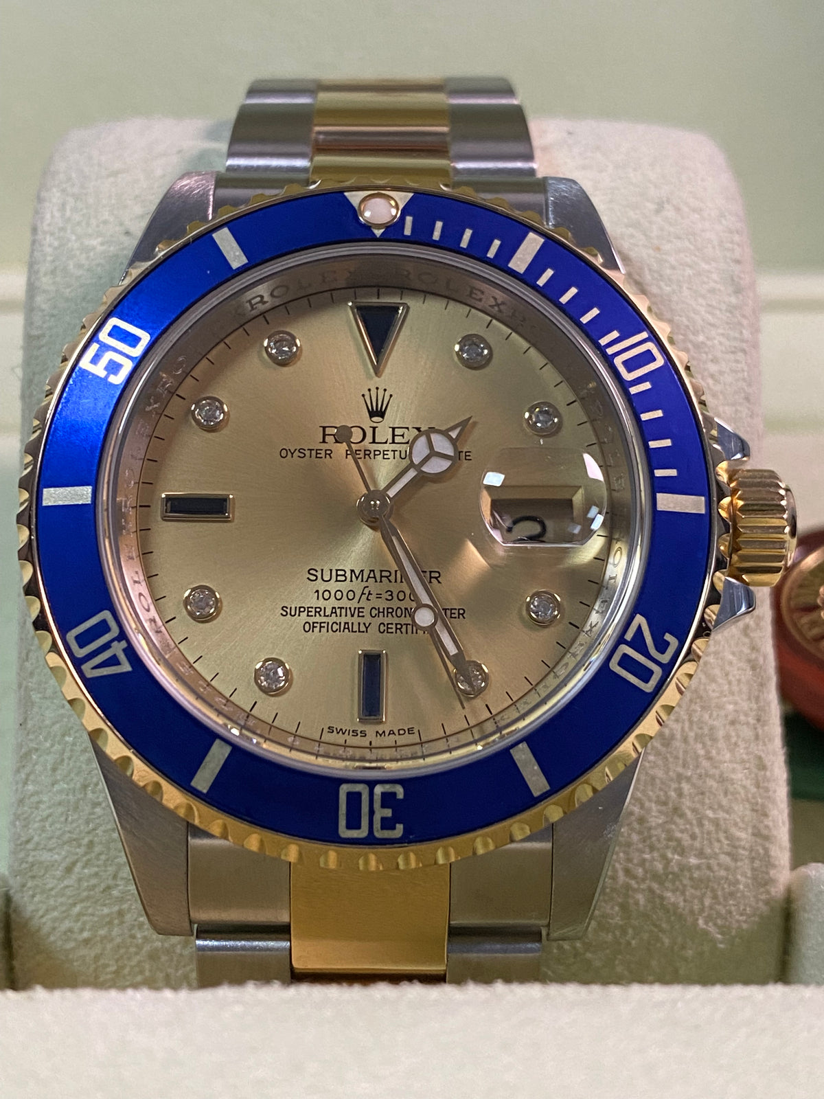 Rolex Steel and Yellow Gold Submariner Date - M serial - Pre Ceramic Bezel - Champagne Serti Dial - 16613 *FULL SET*