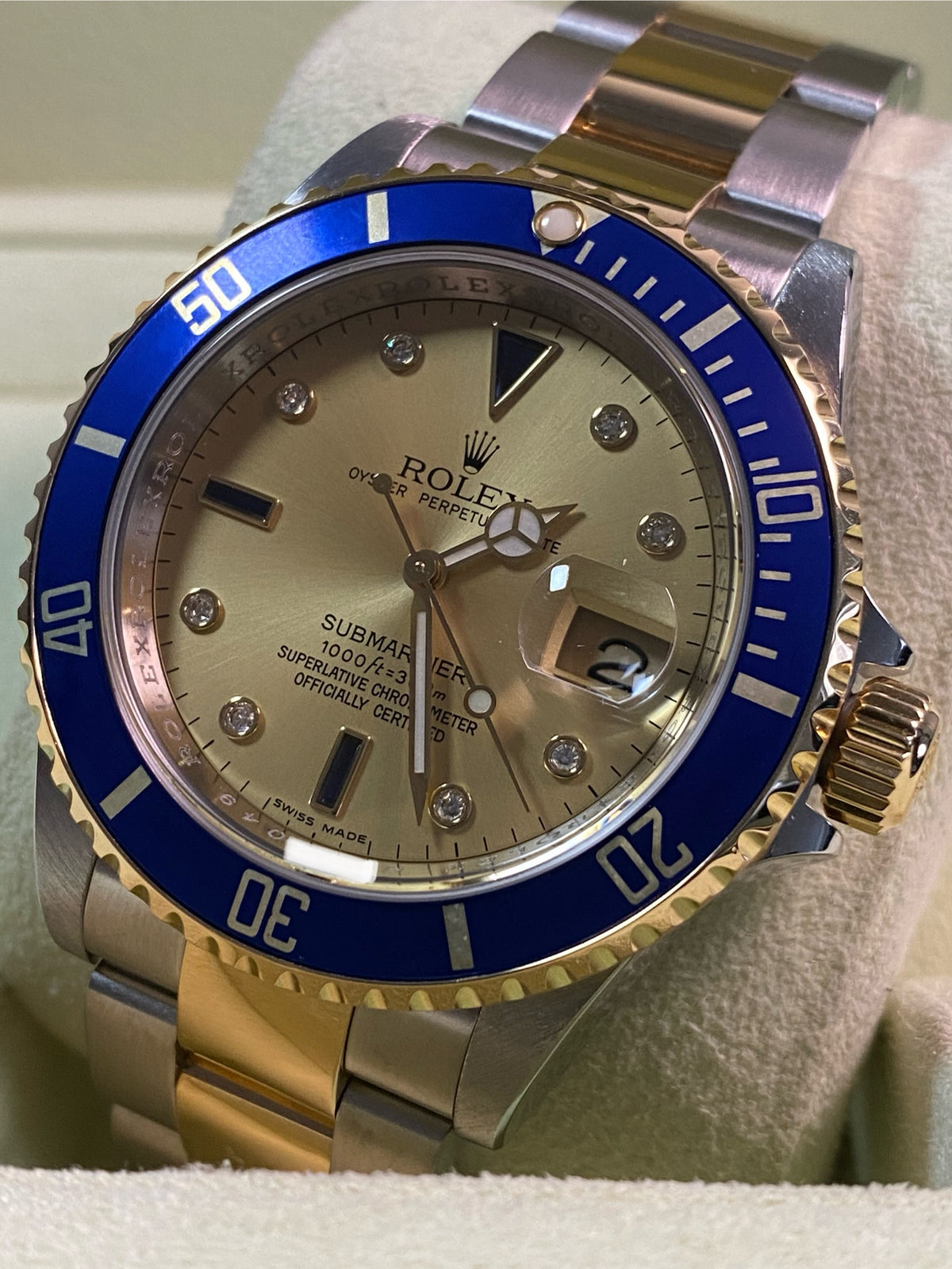 Rolex Steel and Yellow Gold Submariner Date - M serial - Pre Ceramic Bezel - Champagne Serti Dial - 16613 *FULL SET*