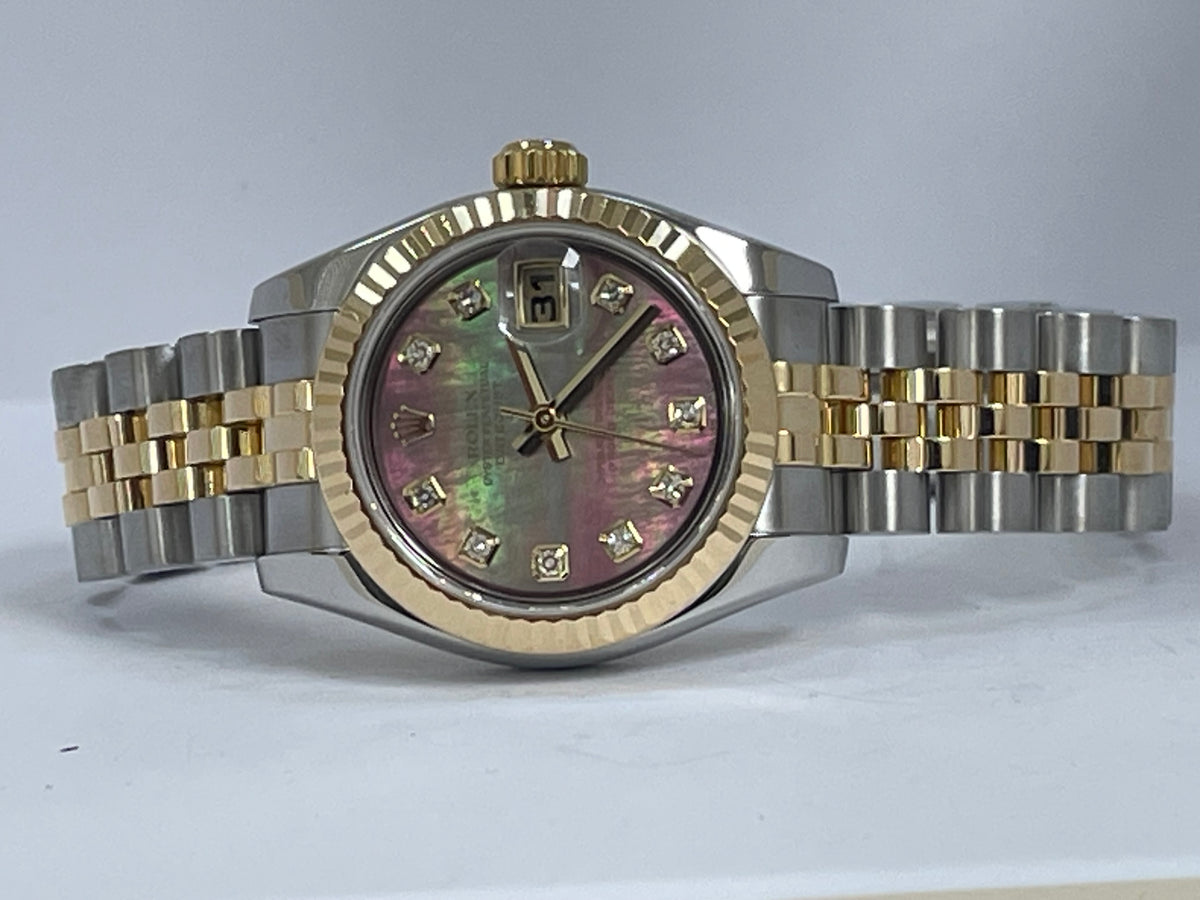 Rolex Yellow Gold and Steel Lady-Datejust - F Serial - Fluted Bezel - Factory Black Mother of Pearl Diamond Dial - Jubilee Bracelet - 179173