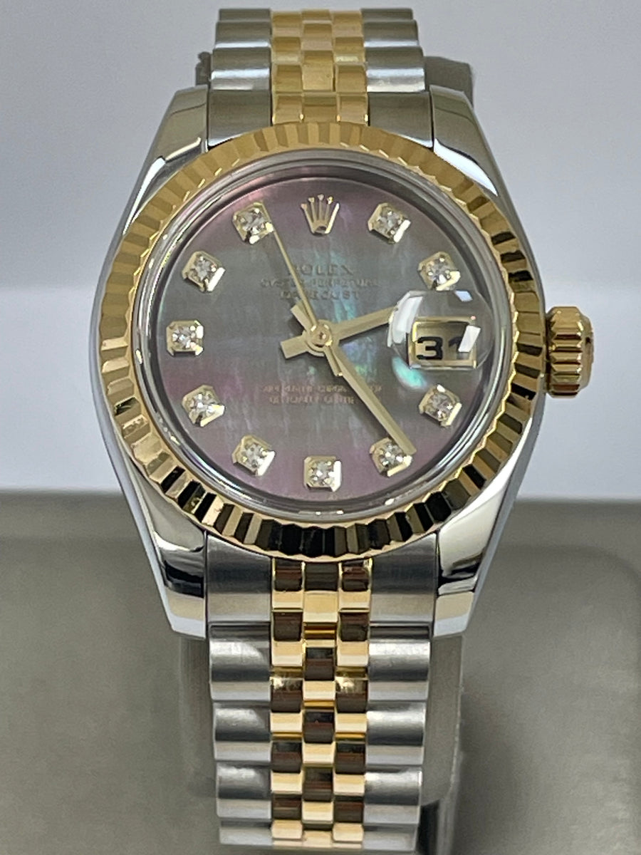 Rolex Yellow Gold and Steel Lady-Datejust - F Serial - Fluted Bezel - Factory Black Mother of Pearl Diamond Dial - Jubilee Bracelet - 179173