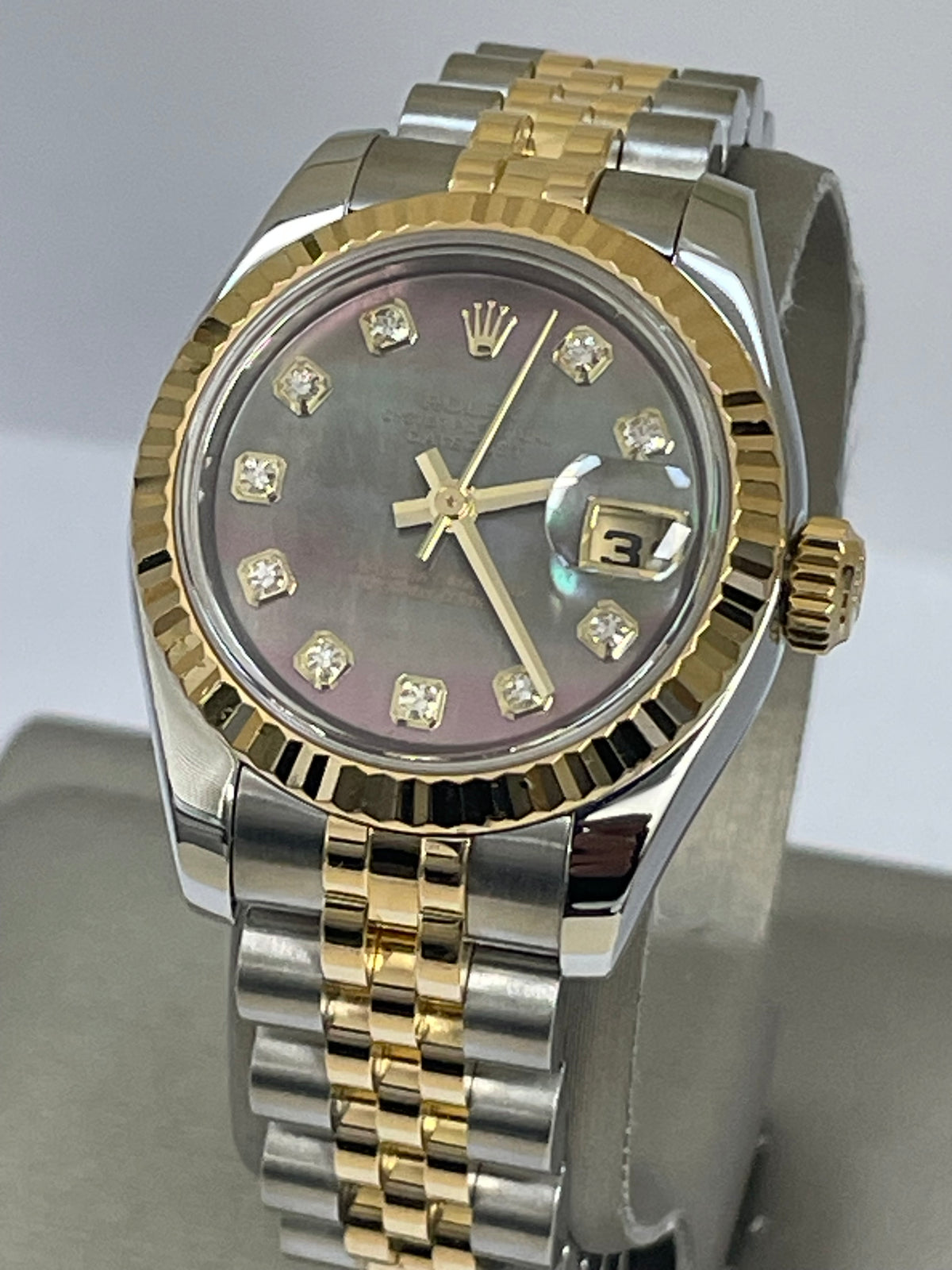 Rolex Yellow Gold and Steel Lady-Datejust - F Serial - Fluted Bezel - Factory Black Mother of Pearl Diamond Dial - Jubilee Bracelet - 179173