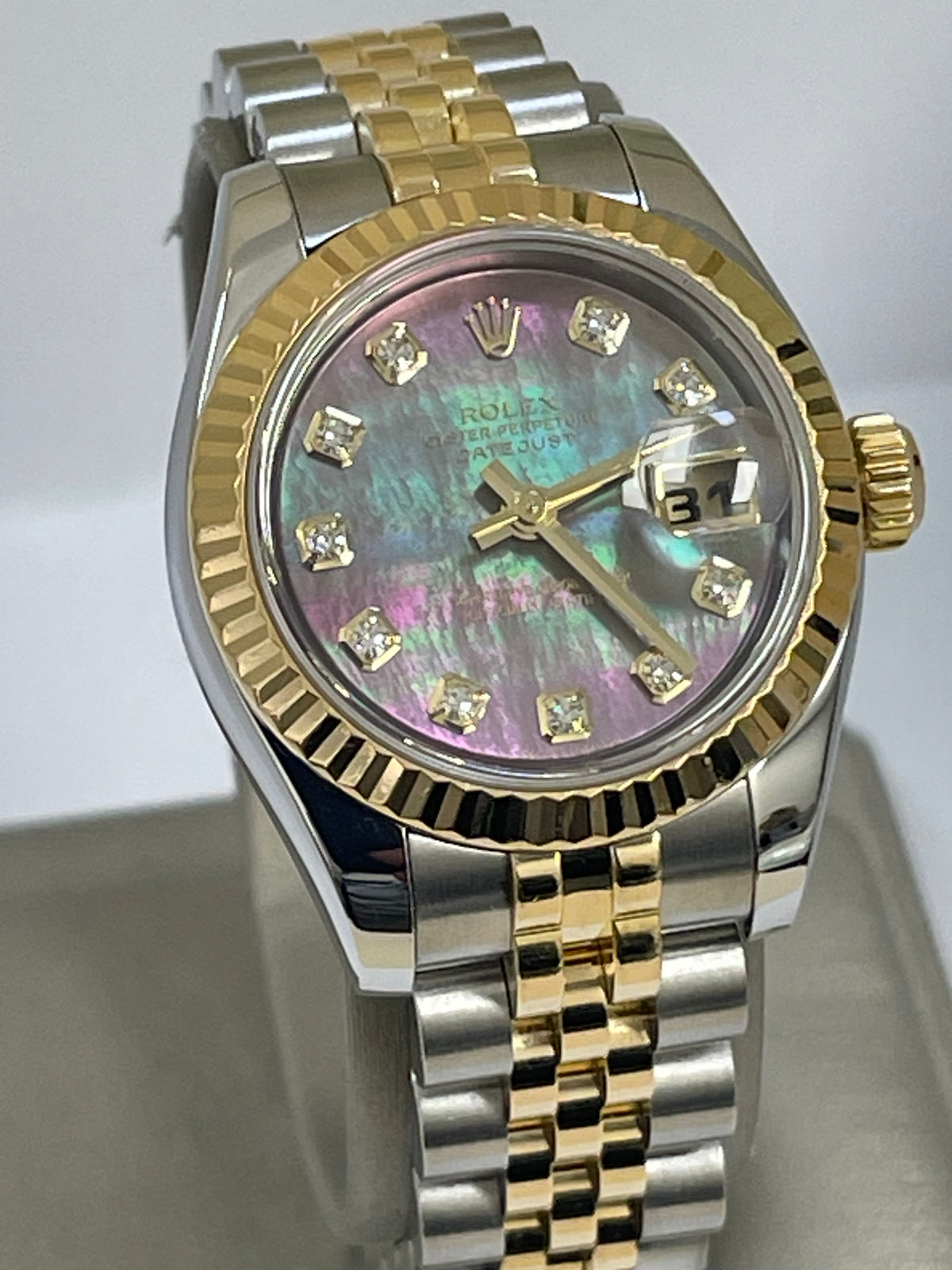 Rolex Yellow Gold and Steel Lady-Datejust - F Serial - Fluted Bezel - Factory Black Mother of Pearl Diamond Dial - Jubilee Bracelet - 179173