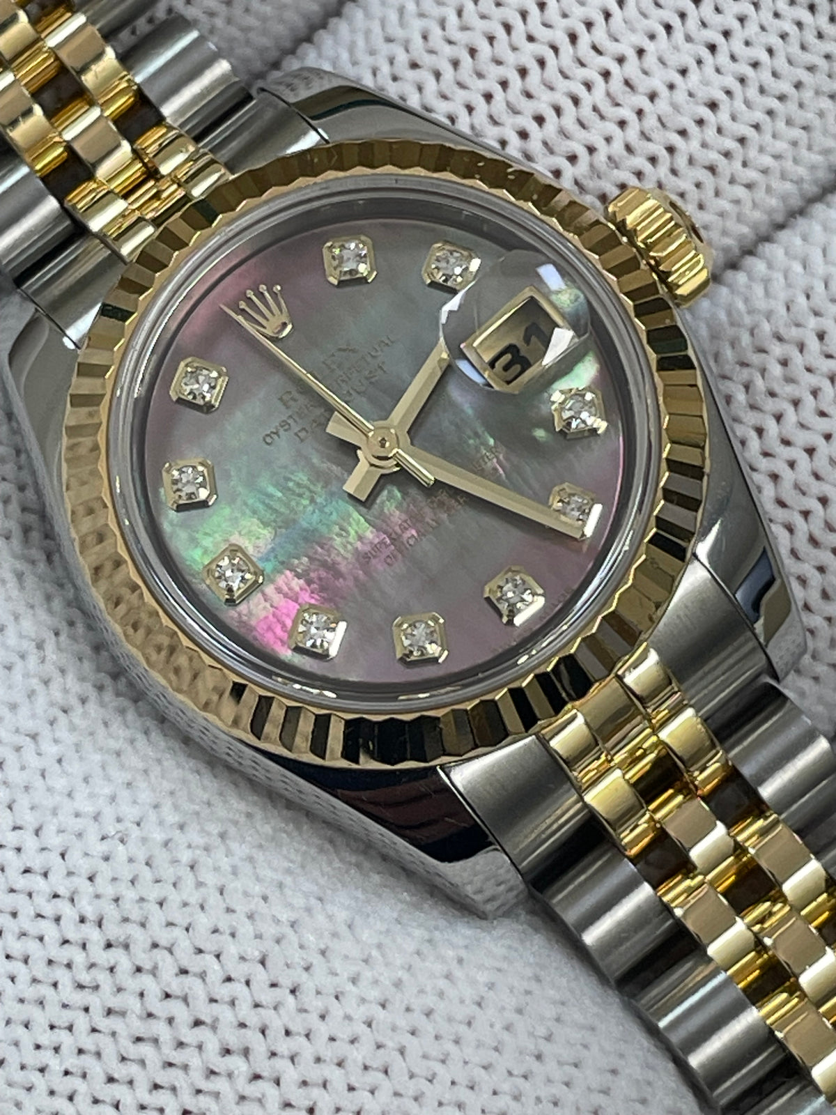 Rolex Yellow Gold and Steel Lady-Datejust - F Serial - Fluted Bezel - Factory Black Mother of Pearl Diamond Dial - Jubilee Bracelet - 179173