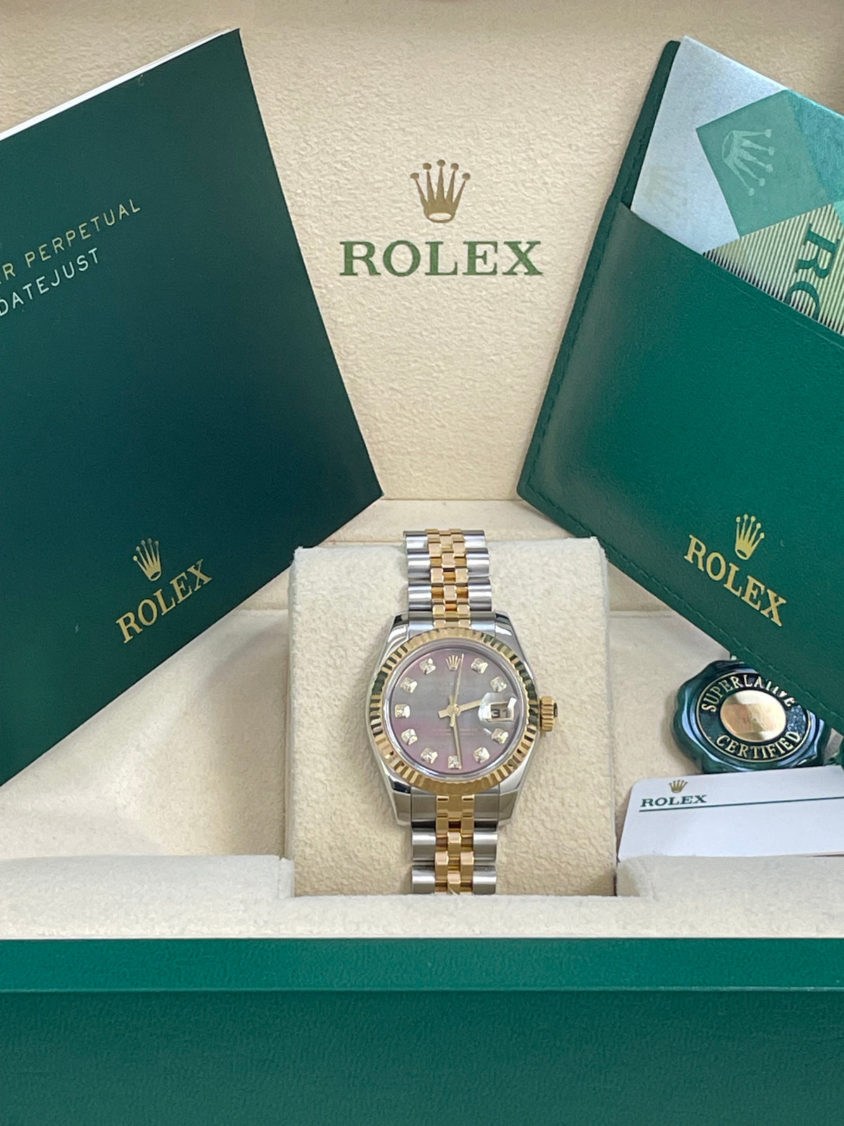 Rolex Yellow Gold and Steel Lady-Datejust - F Serial - Fluted Bezel - Factory Black Mother of Pearl Diamond Dial - Jubilee Bracelet - 179173