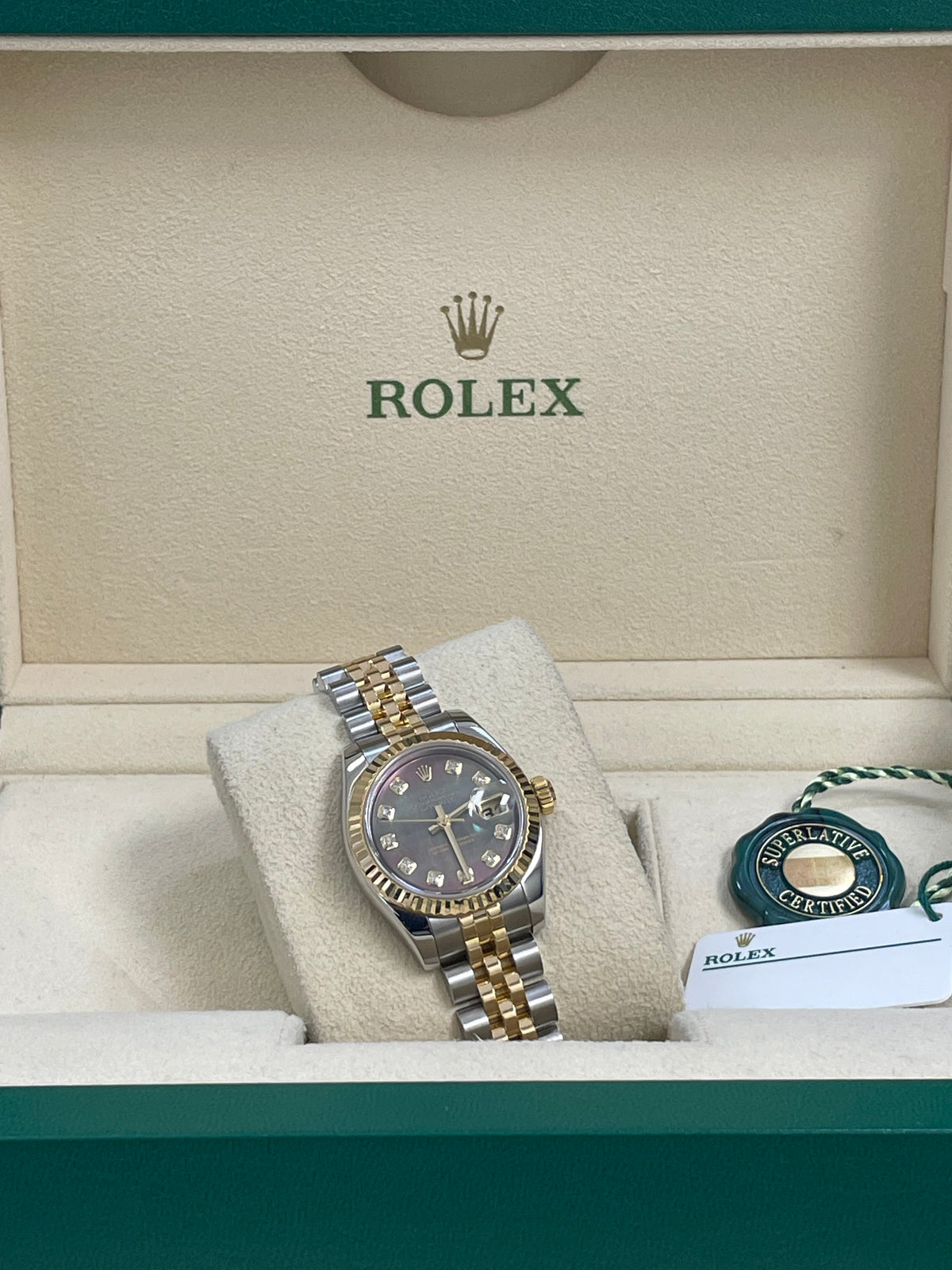 Rolex Yellow Gold and Steel Lady-Datejust - F Serial - Fluted Bezel - Factory Black Mother of Pearl Diamond Dial - Jubilee Bracelet - 179173