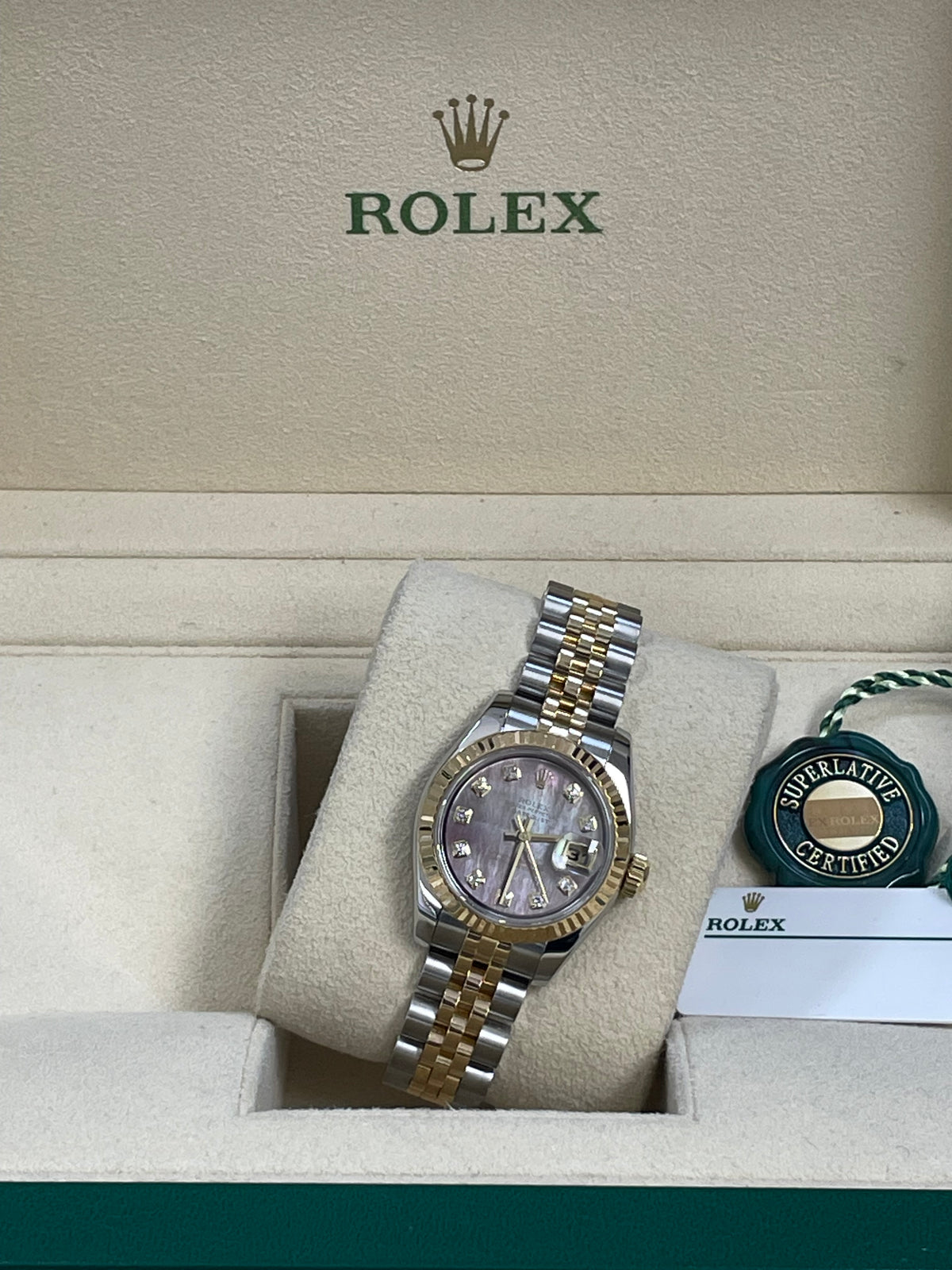 Rolex Yellow Gold and Steel Lady-Datejust - F Serial - Fluted Bezel - Factory Black Mother of Pearl Diamond Dial - Jubilee Bracelet - 179173