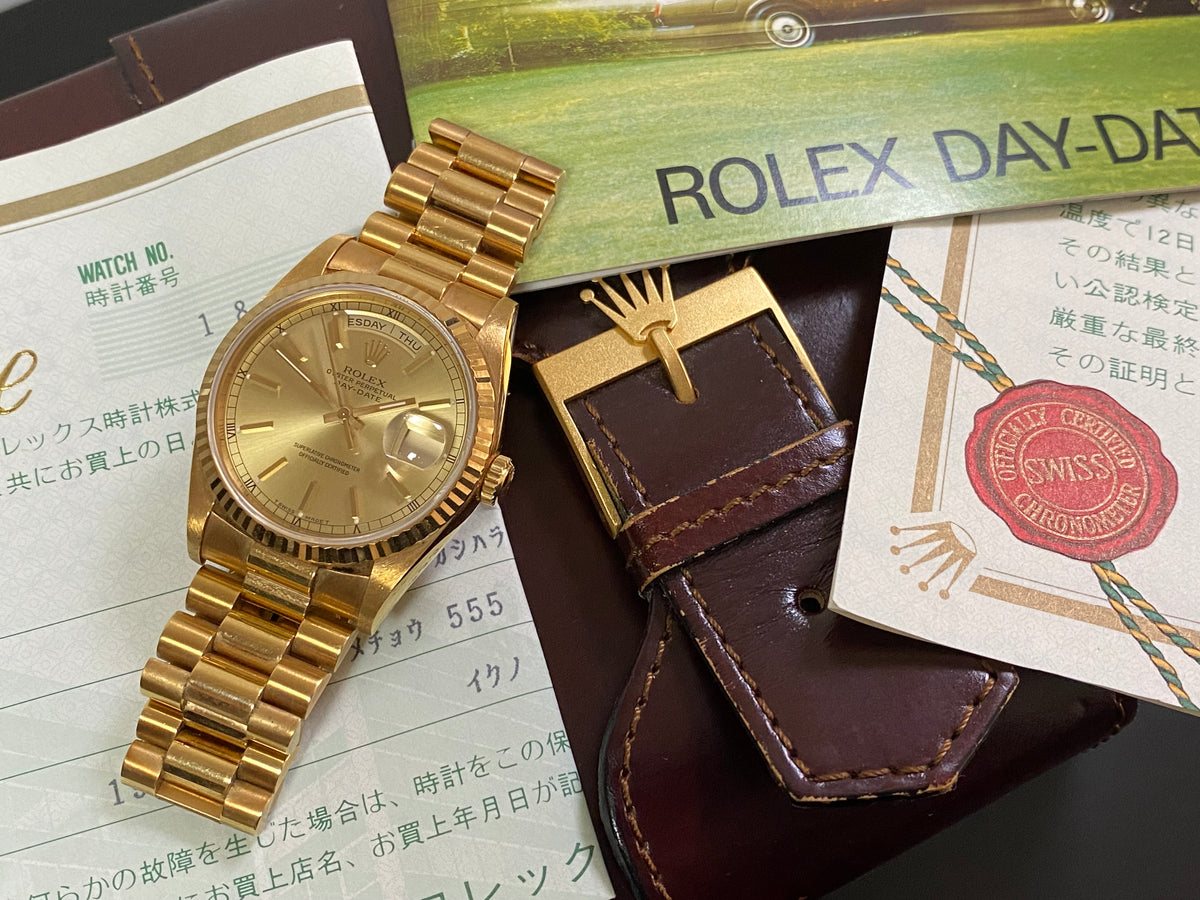 Rolex Yellow Gold Day-Date 36 - E serial - Fluted Bezel - Champagne Index Dial - Double Quickset - President Bracelet - 18238 *UNPOLISHED*