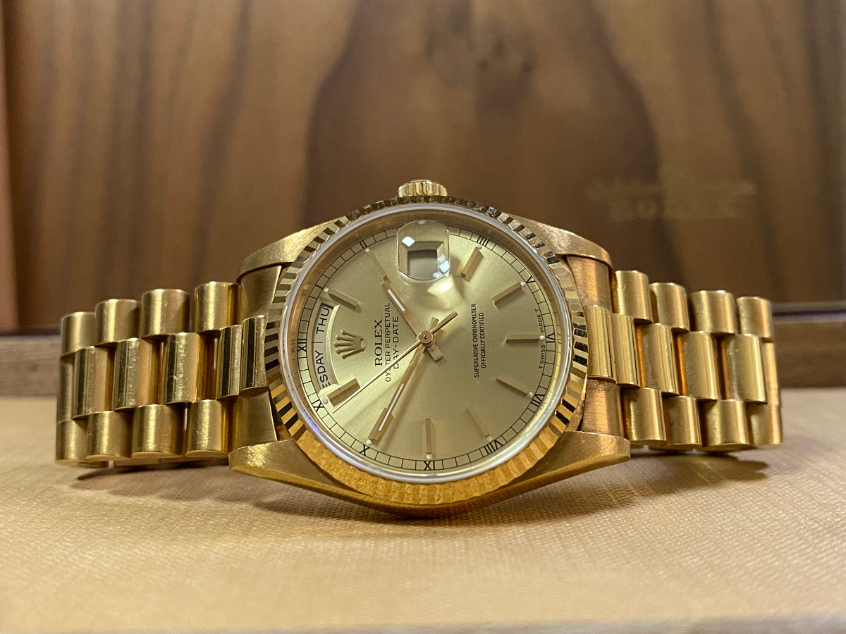 Rolex Yellow Gold Day-Date 36 - E serial - Fluted Bezel - Champagne Index Dial - Double Quickset - President Bracelet - 18238 *UNPOLISHED*