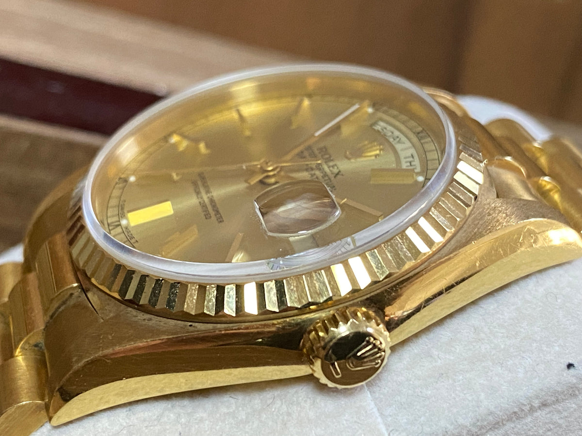 Rolex Yellow Gold Day-Date 36 - E serial - Fluted Bezel - Champagne Index Dial - Double Quickset - President Bracelet - 18238 *UNPOLISHED*