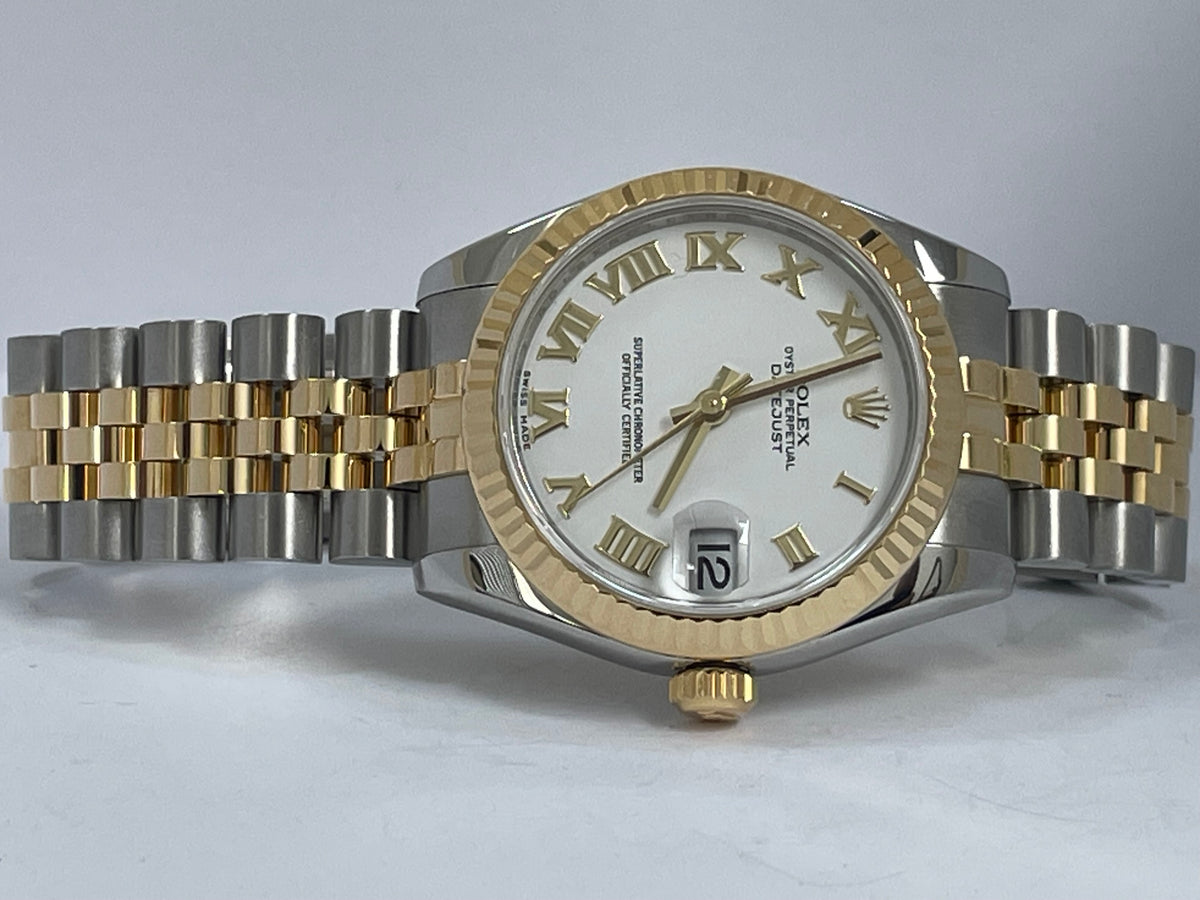 Rolex Steel and Yellow Gold Datejust 31 Watch - Fluted Bezel - White Roman Dial - Jubilee Bracelet - 178273 wrj