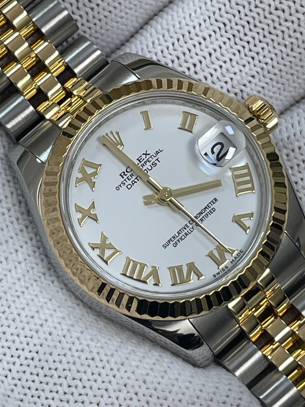 Rolex Steel and Yellow Gold Datejust 31 Watch - Fluted Bezel - White Roman Dial - Jubilee Bracelet - 178273 wrj