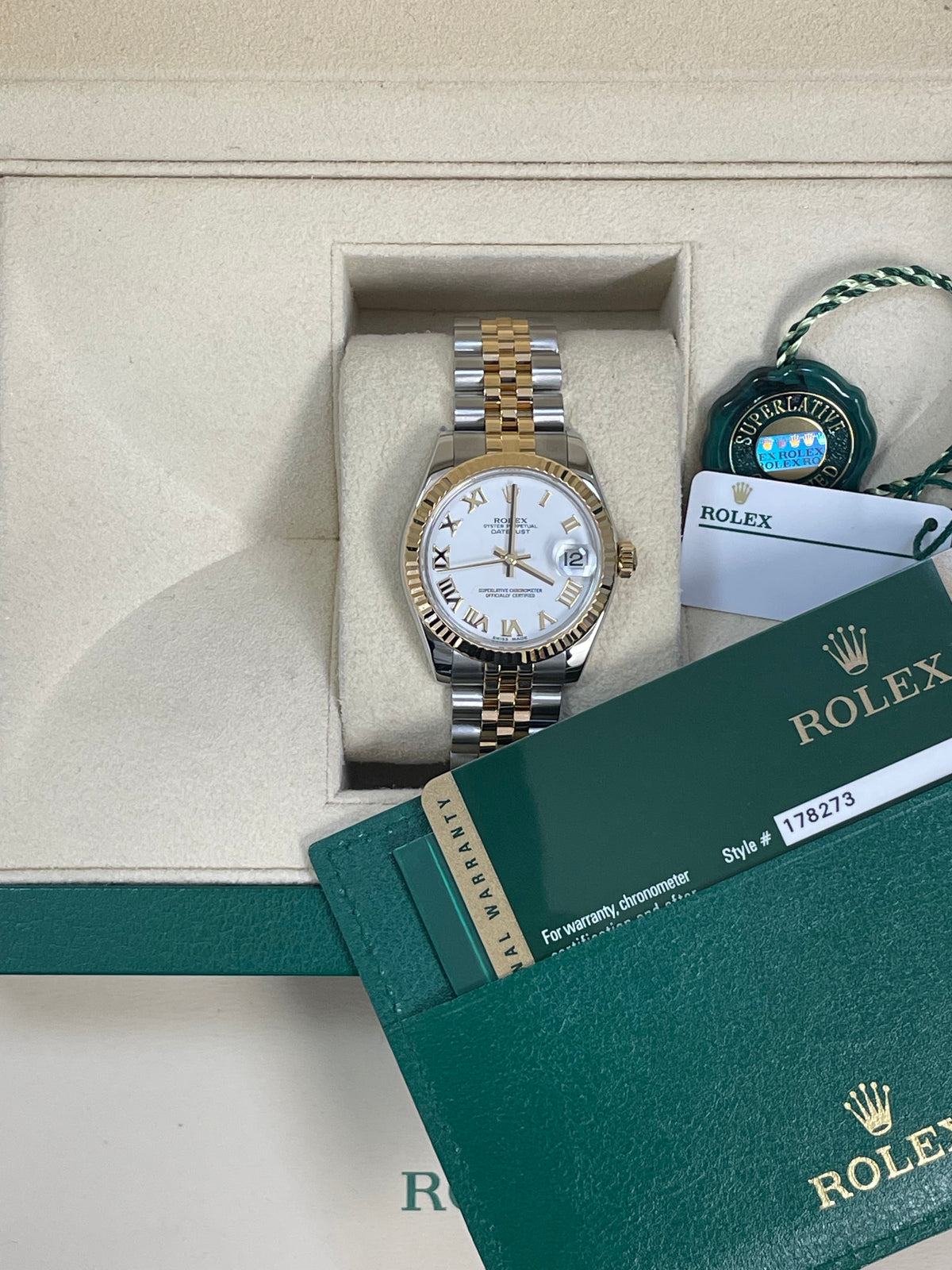 Rolex Steel and Yellow Gold Datejust 31 Watch - Fluted Bezel - White Roman Dial - Jubilee Bracelet - 178273 wrj